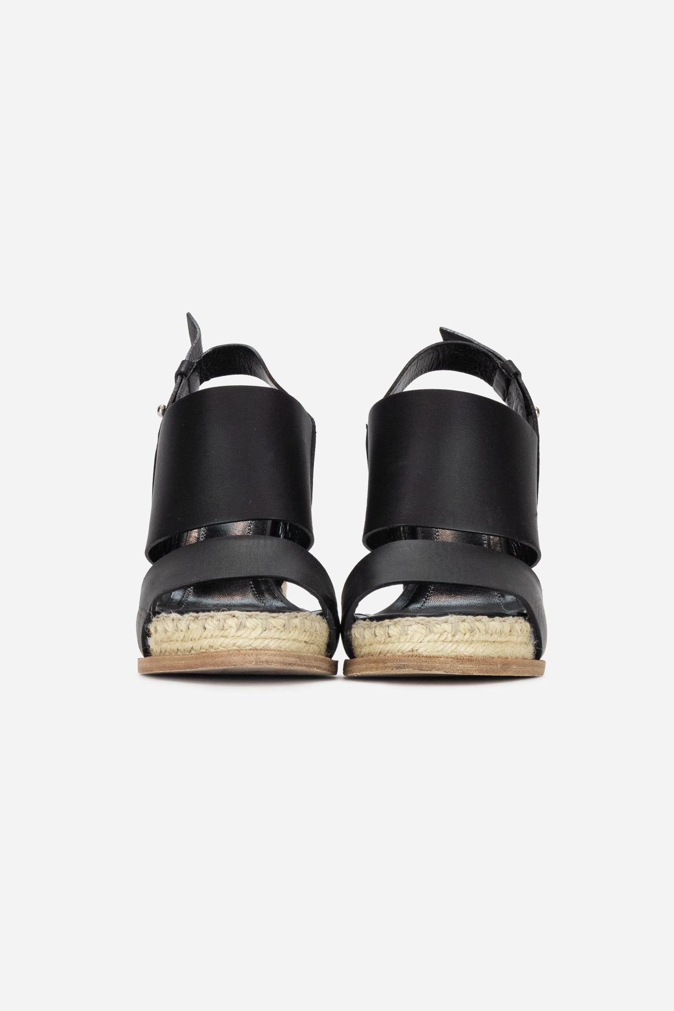 Black Leather and Raffia Wedge Sandals