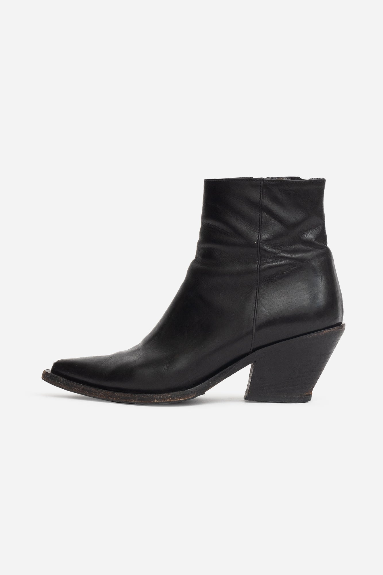 Black Leather Pointed Toe Cowboy Ankle Boot