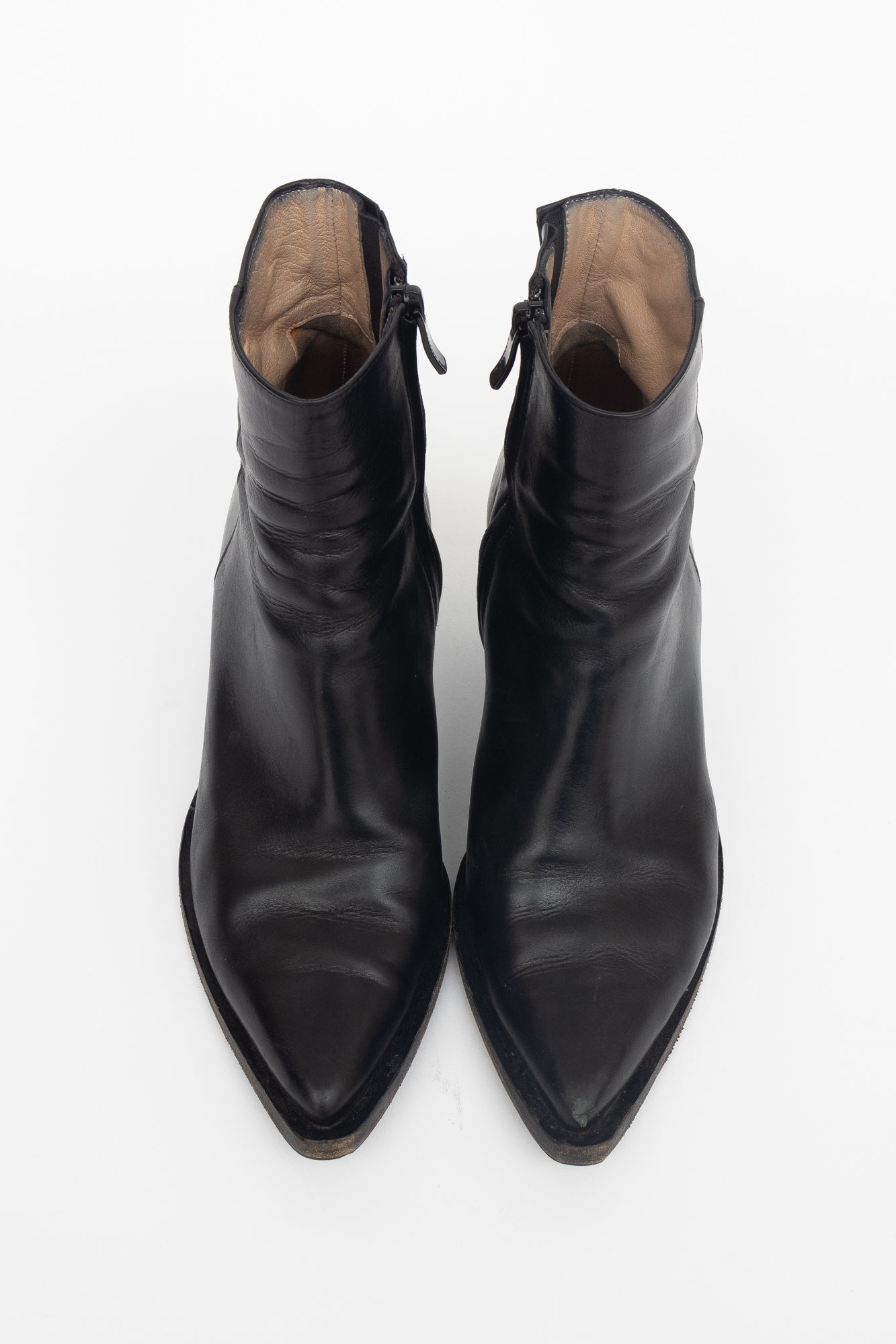 Black Leather Pointed Toe Cowboy Ankle Boot