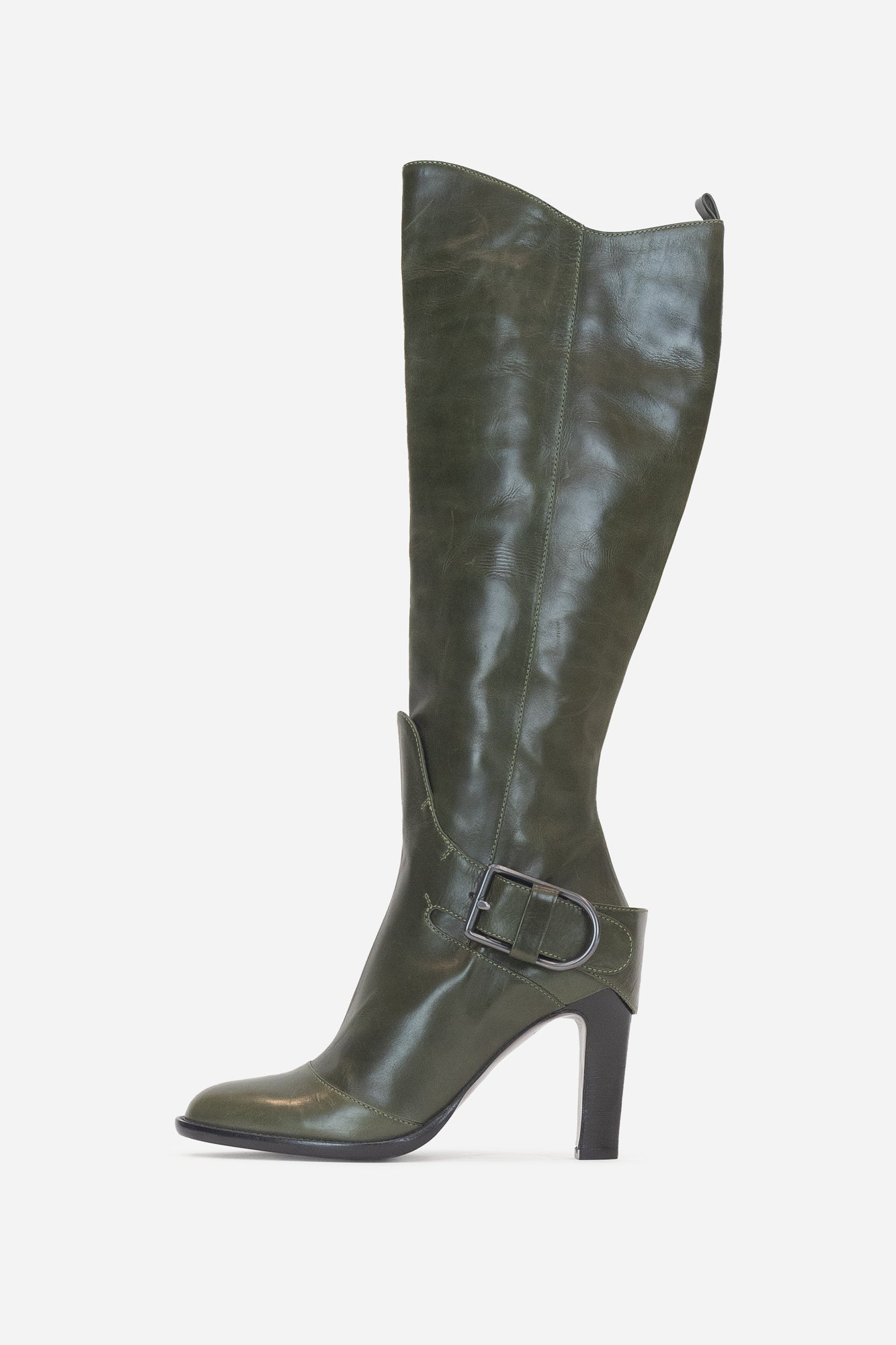 Green Tall Buckle Heeled Boot