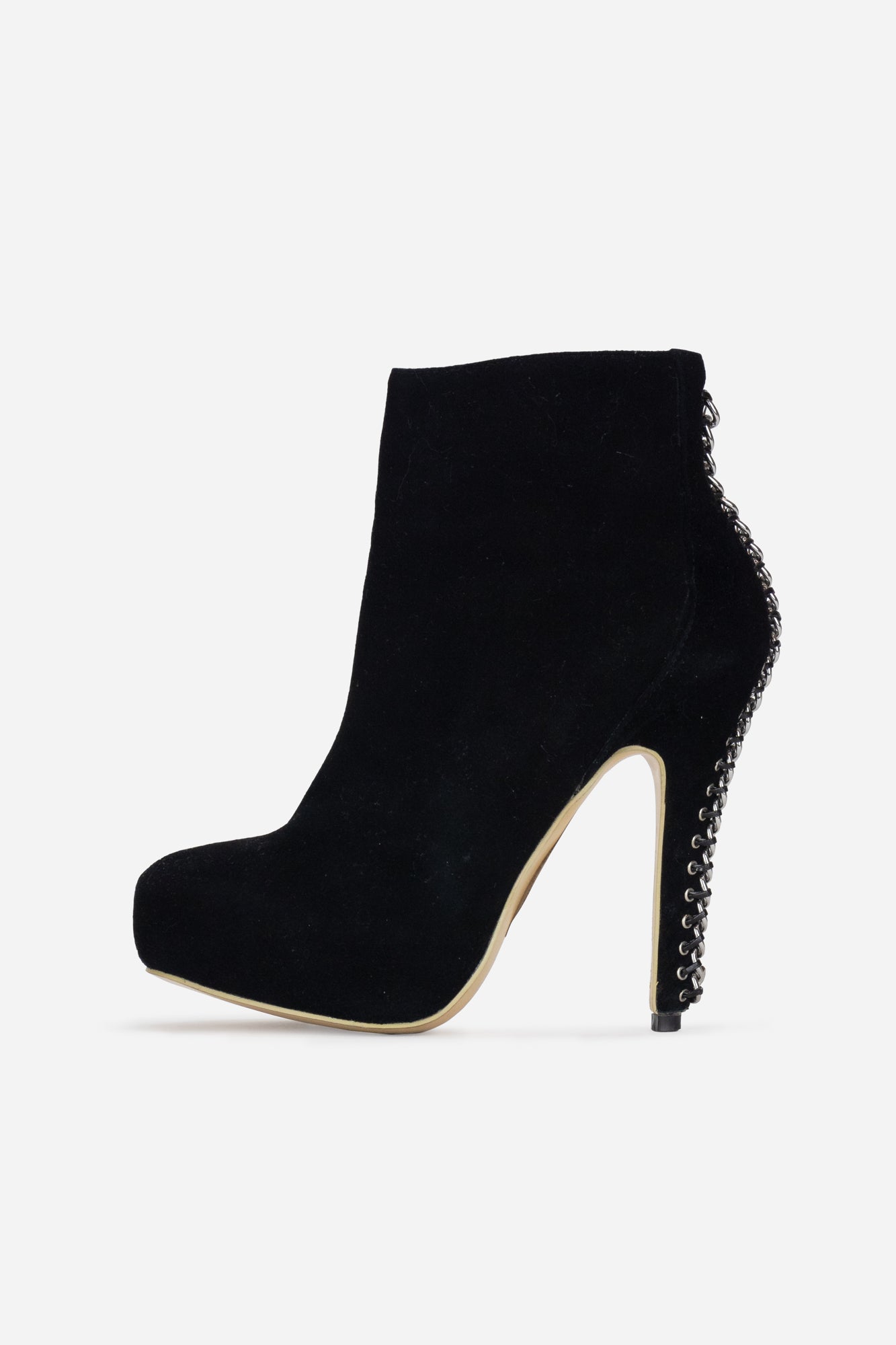 black booties with silver laced heel detail
