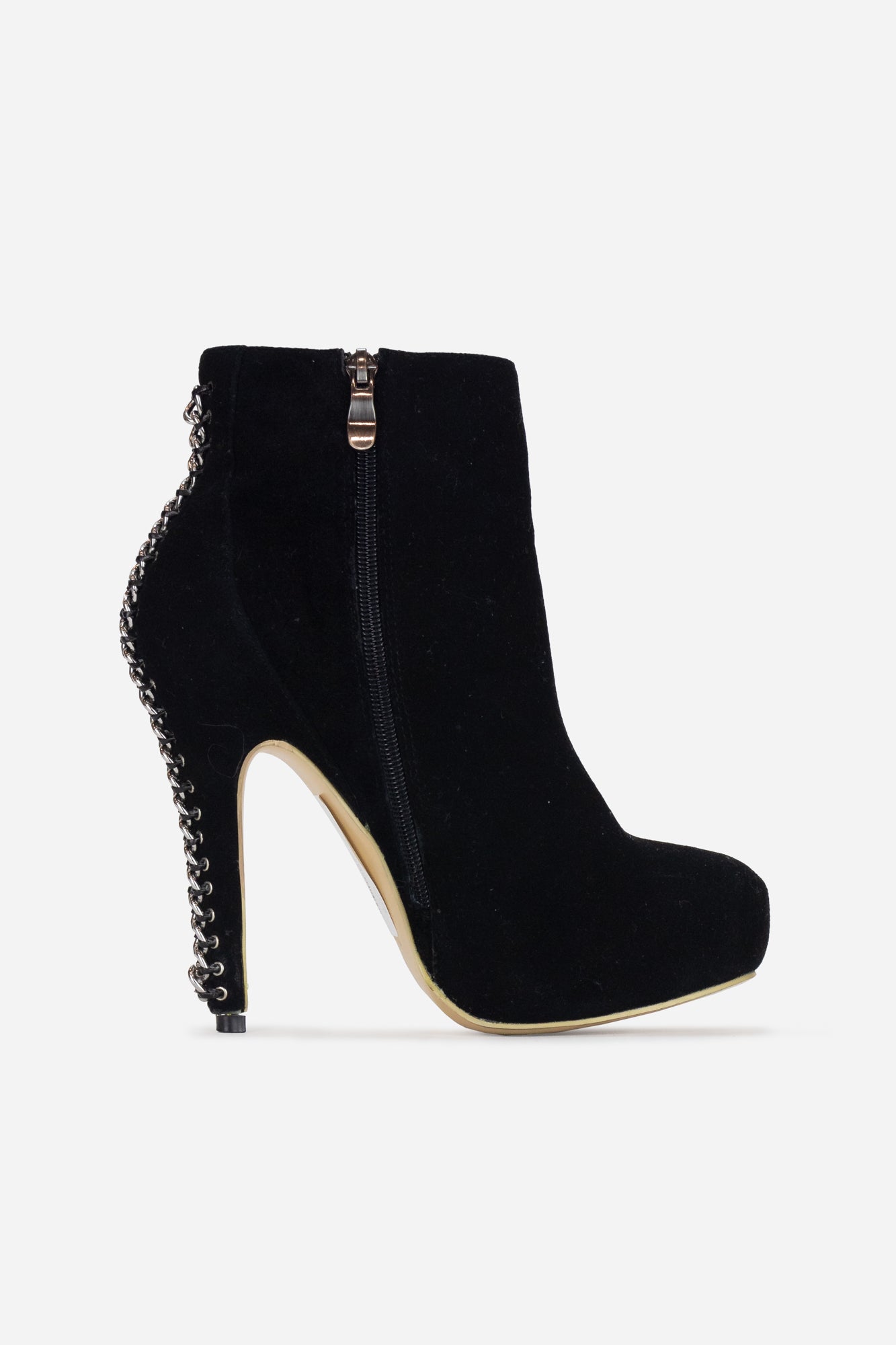 black booties with silver laced heel detail