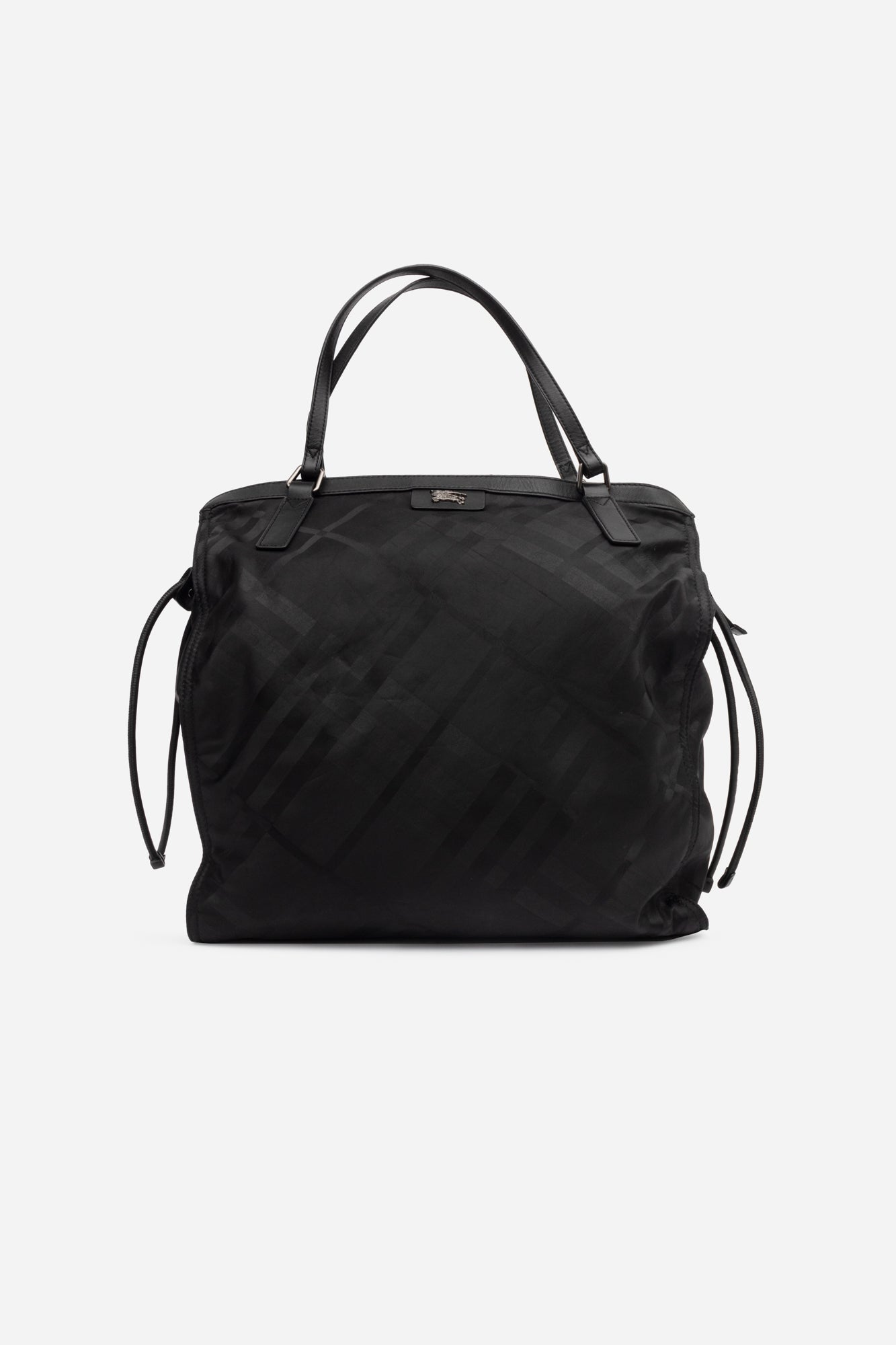 Black Nylon Check Tote with leather trim