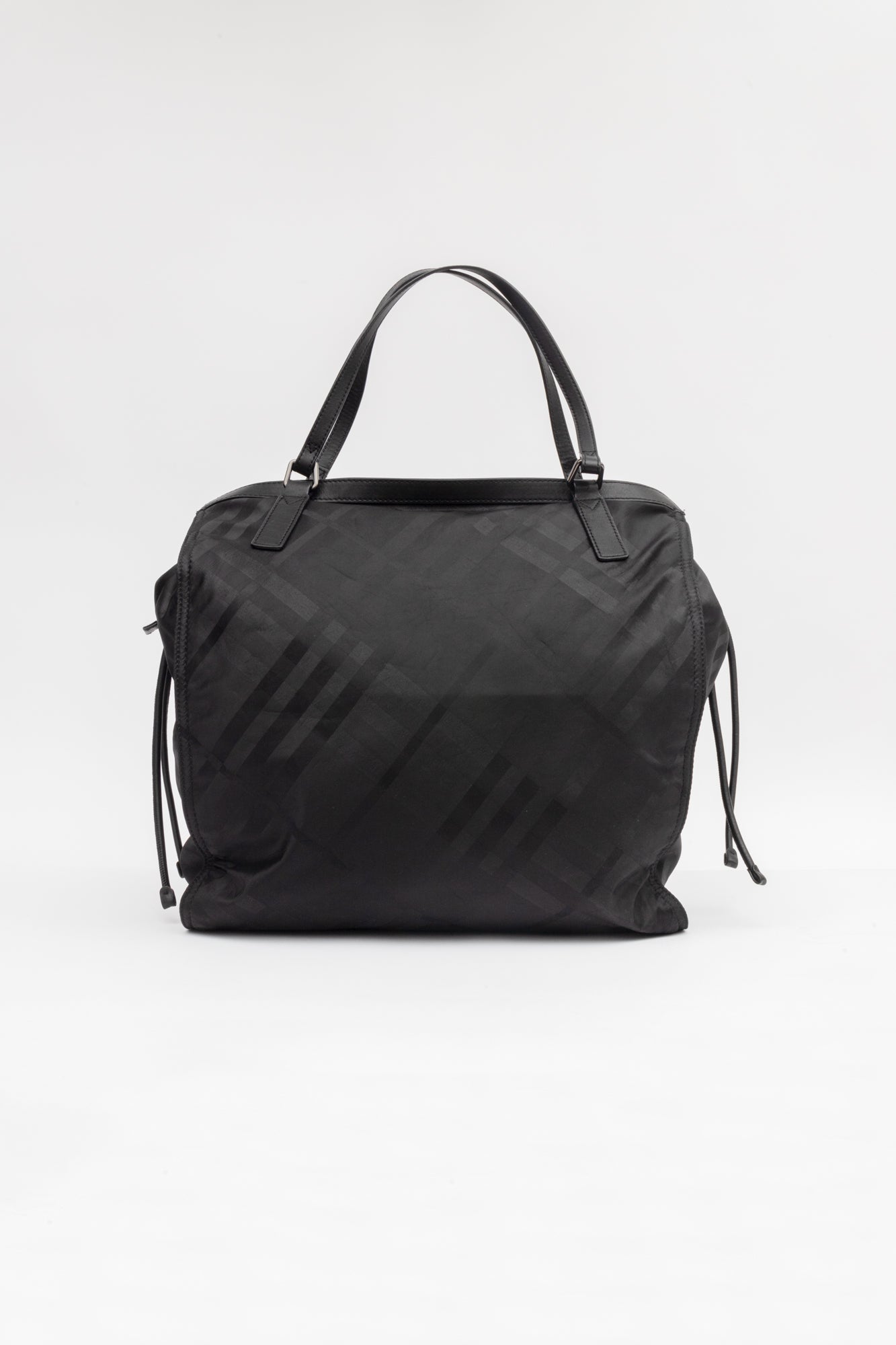 Black Nylon Check Tote with leather trim