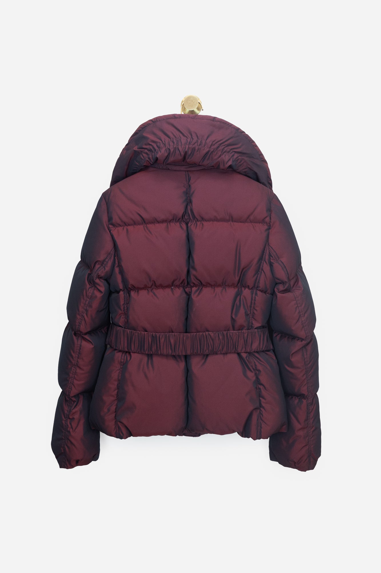 Burgundy Burberry Reflective Puffer With Belt