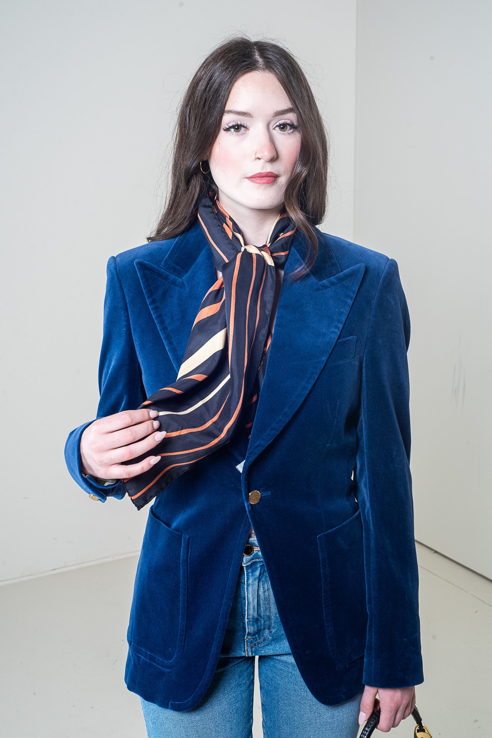 Blue Velvet Blazer with Gold buttons