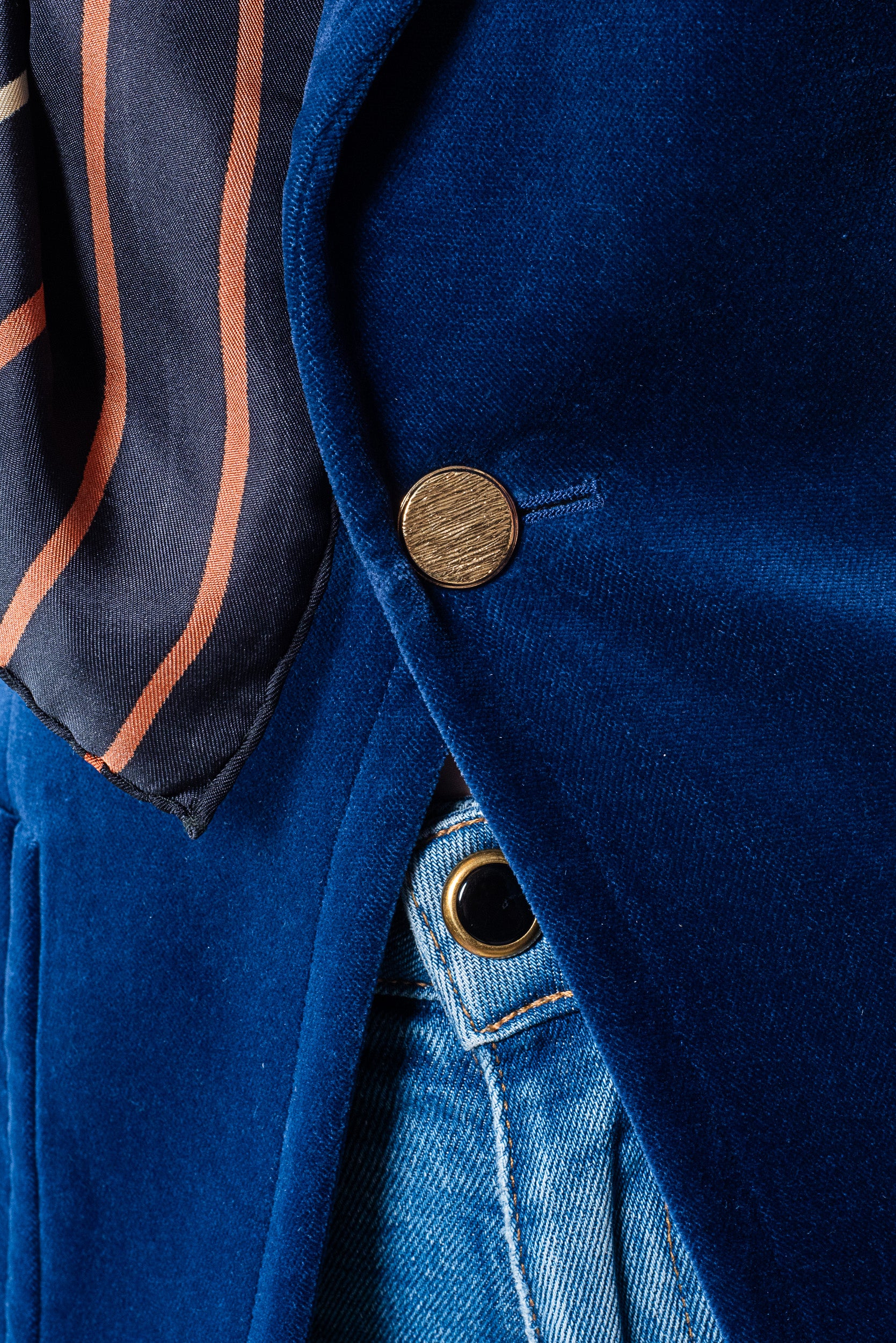 Blue Velvet Blazer with Gold buttons