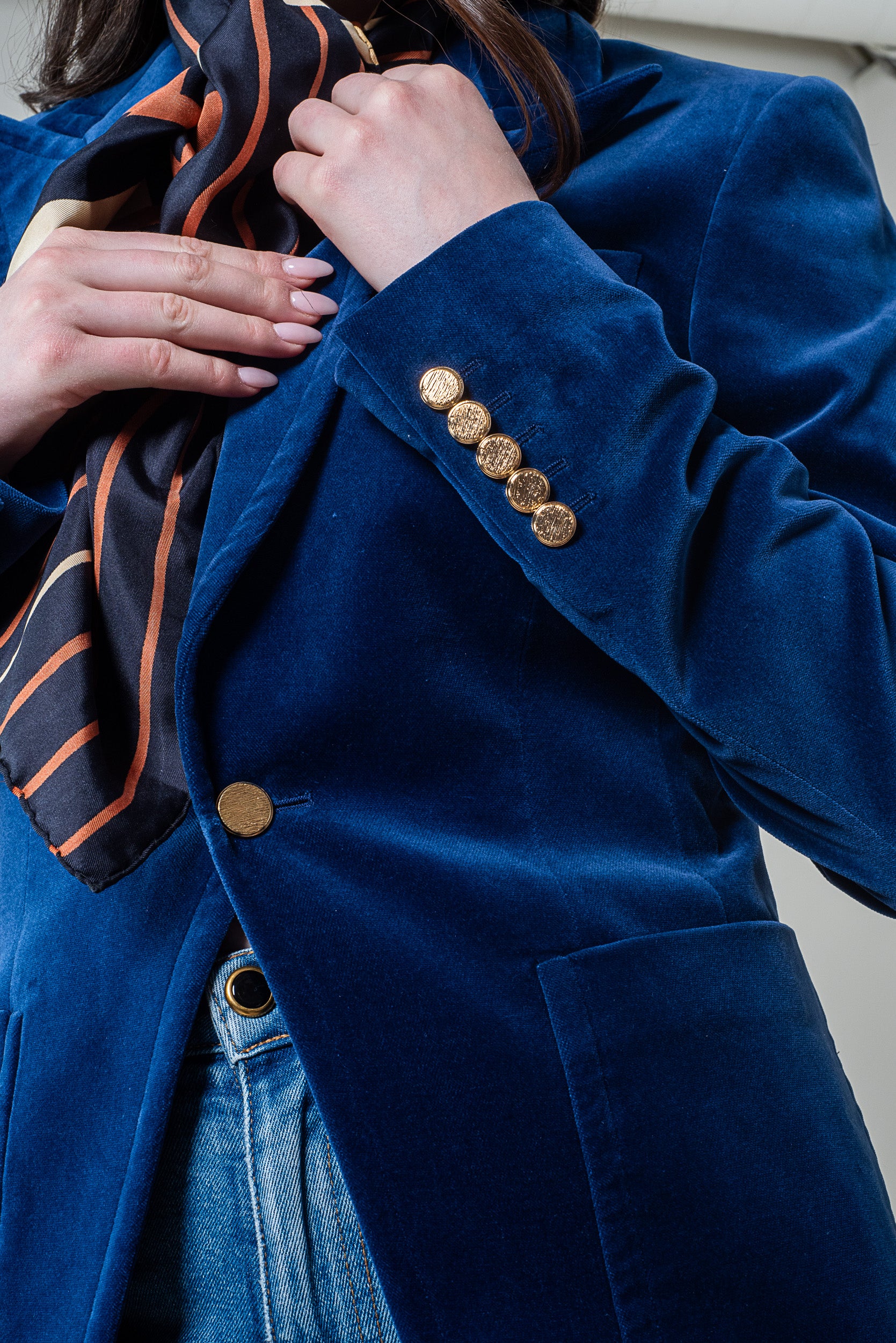 Blue Velvet Blazer with Gold buttons