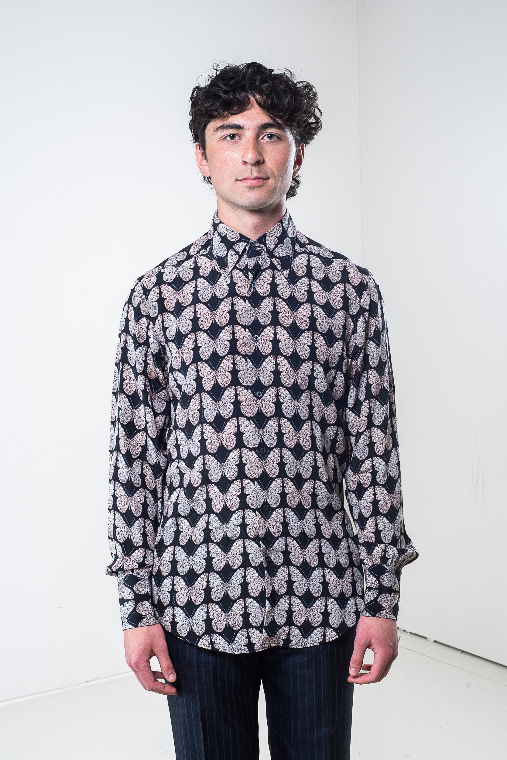 Front view of Gucci Men's Silk Butterfly Pattern Button-Down Shirt