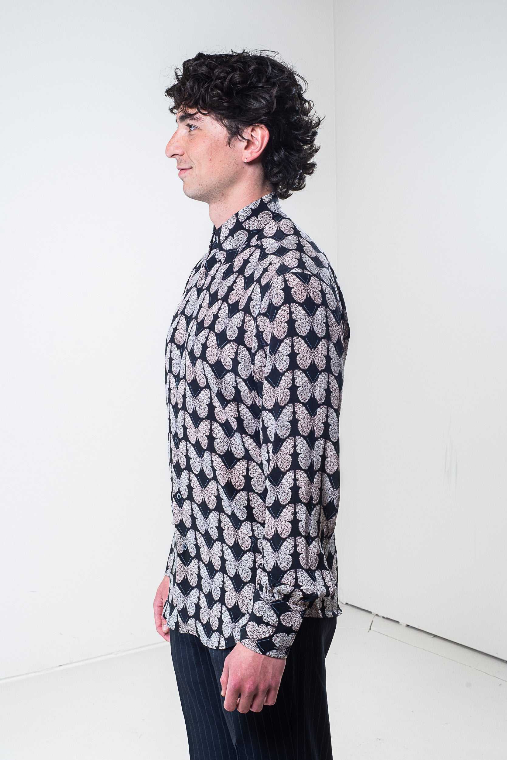 Side view of Gucci Men's Silk Butterfly Pattern Button-Down Shirt
