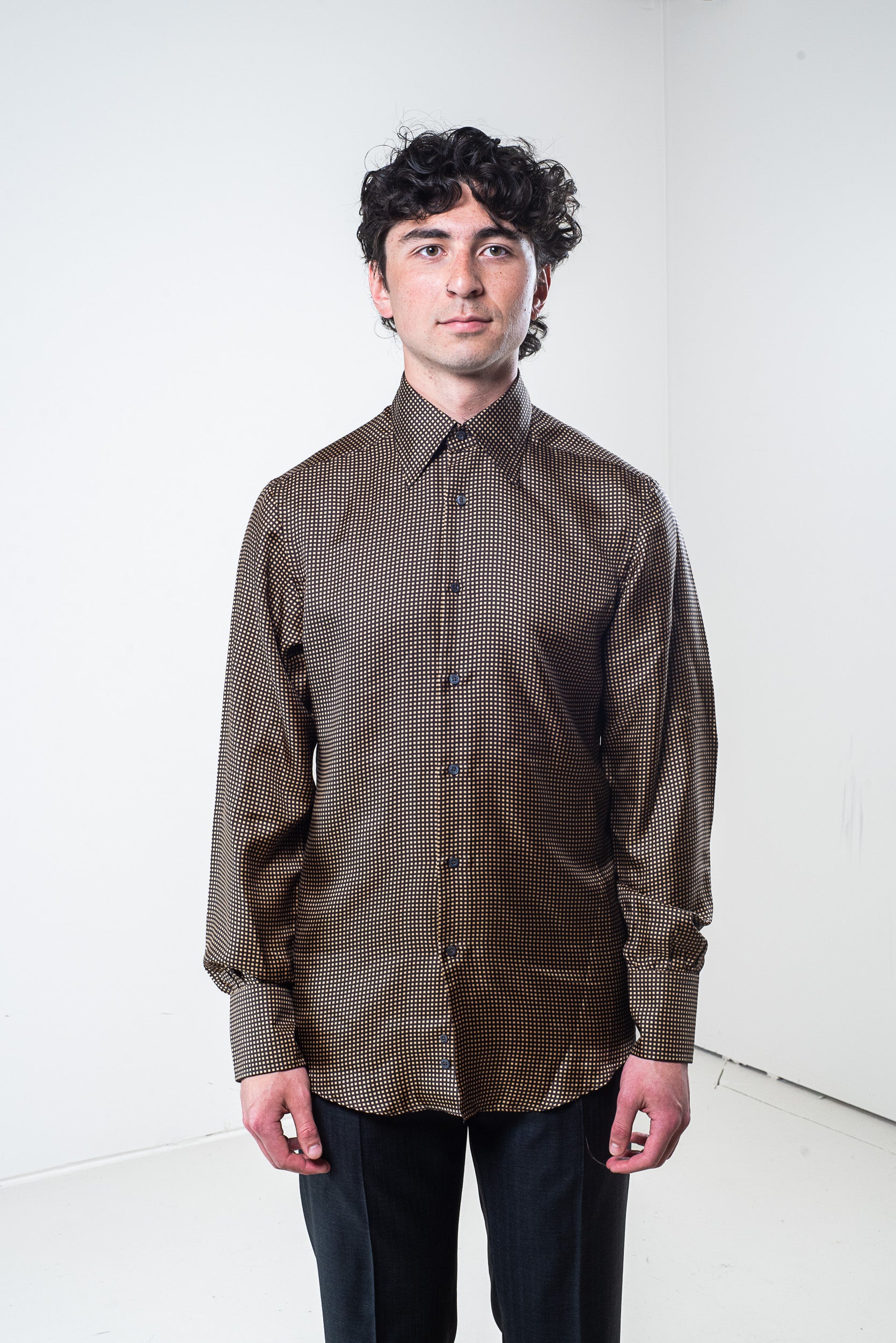 Front view of Gucci Men’s Yellow and Brown Patterned Silk Button-Down Shirt