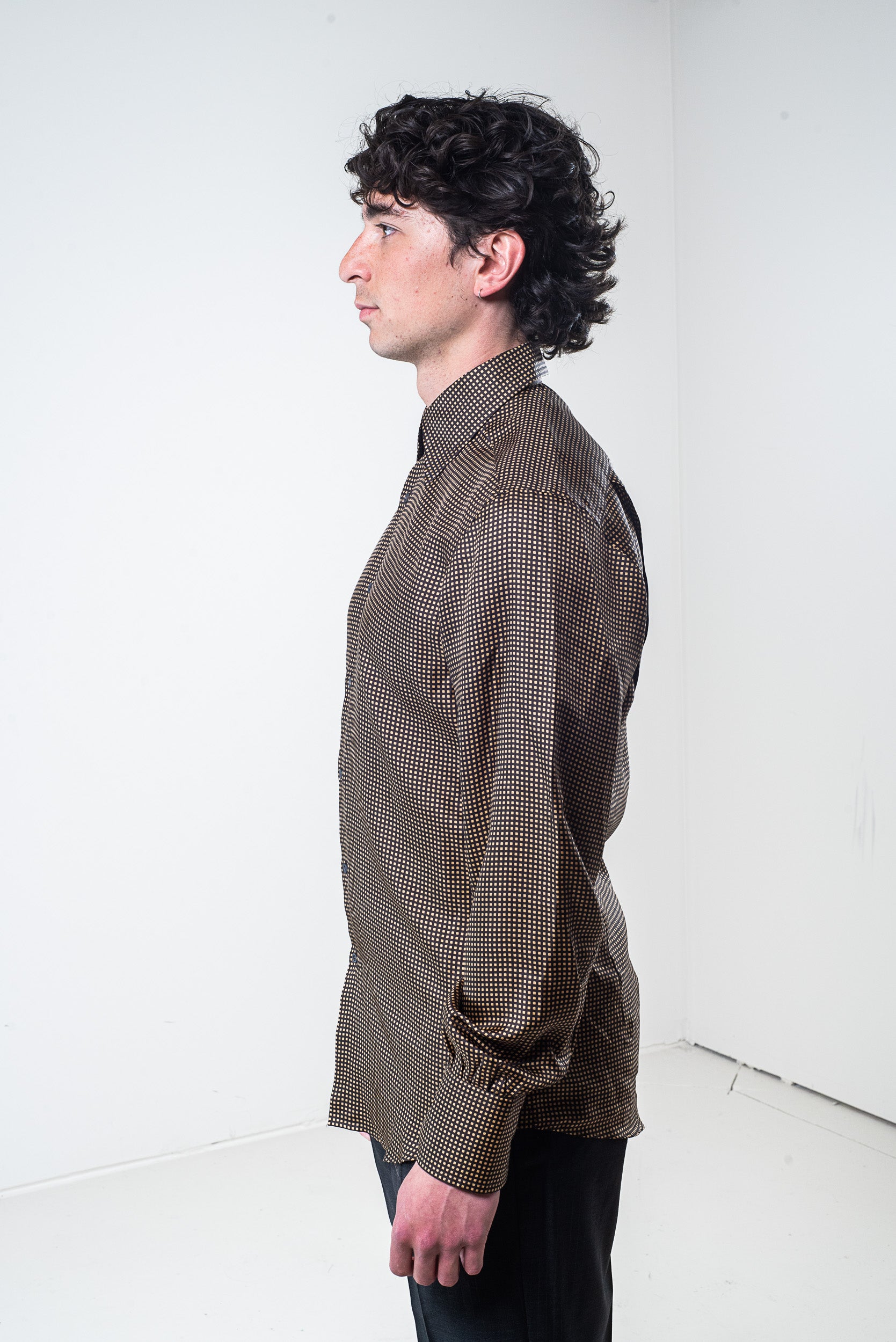 Side view of Gucci Men’s Yellow and Brown Patterned Silk Button-Down Shirt