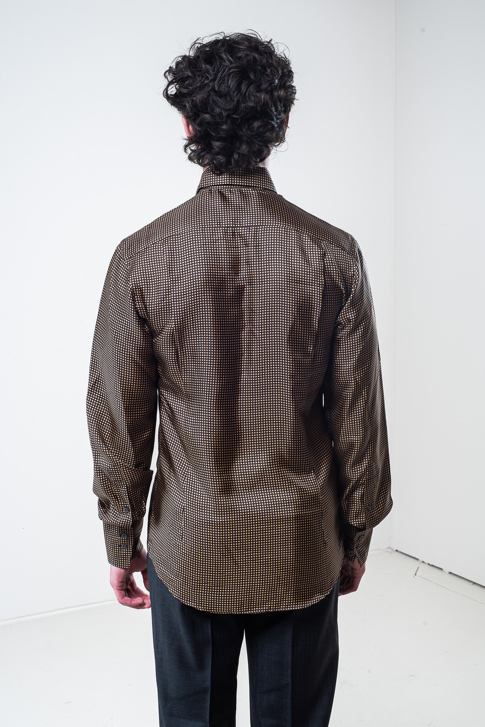 Back view of Gucci Men’s Yellow and Brown Patterned Silk Button-Down Shirt