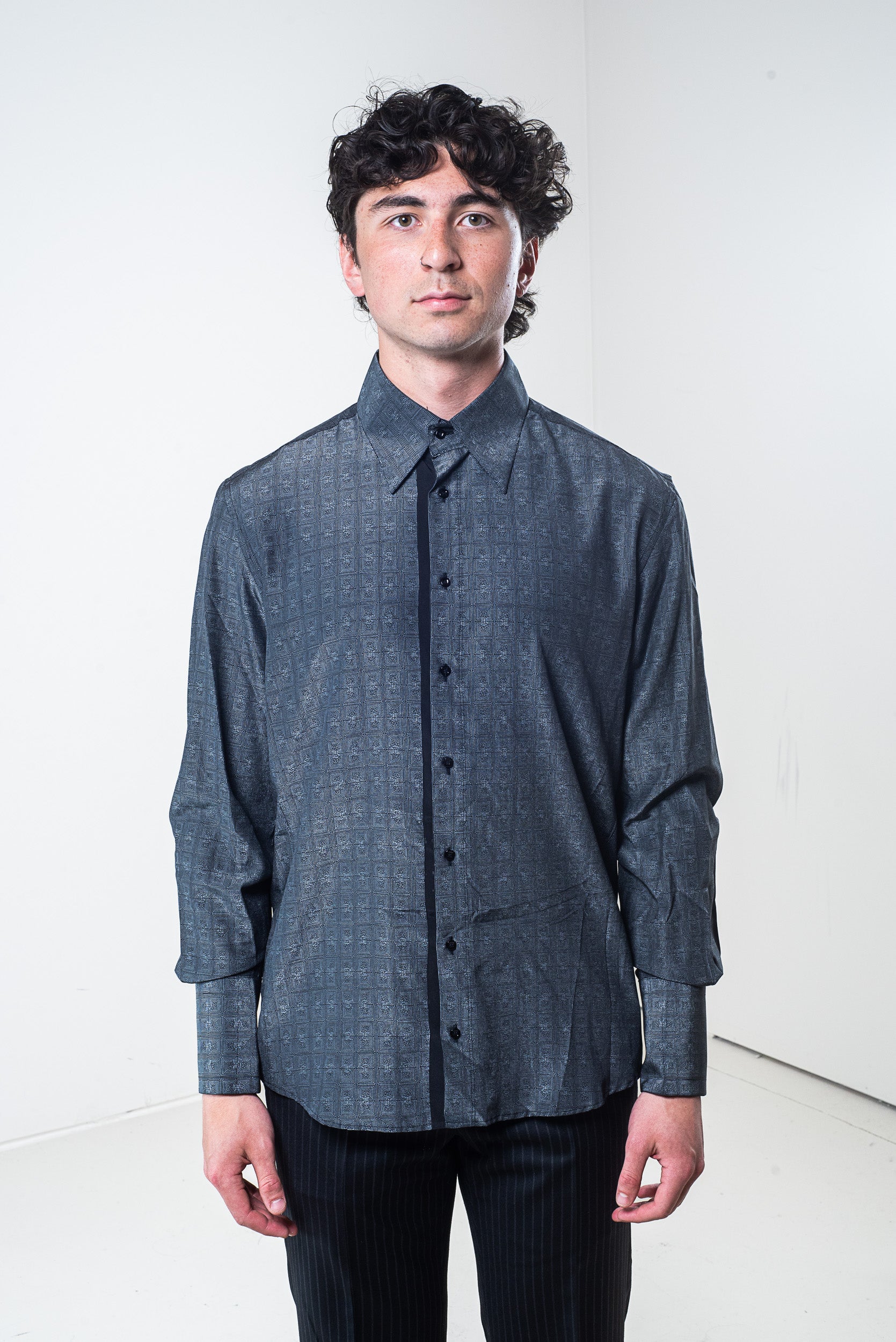 Front view of Roberto Cavalli men’s grey silk geometric patterned shirt