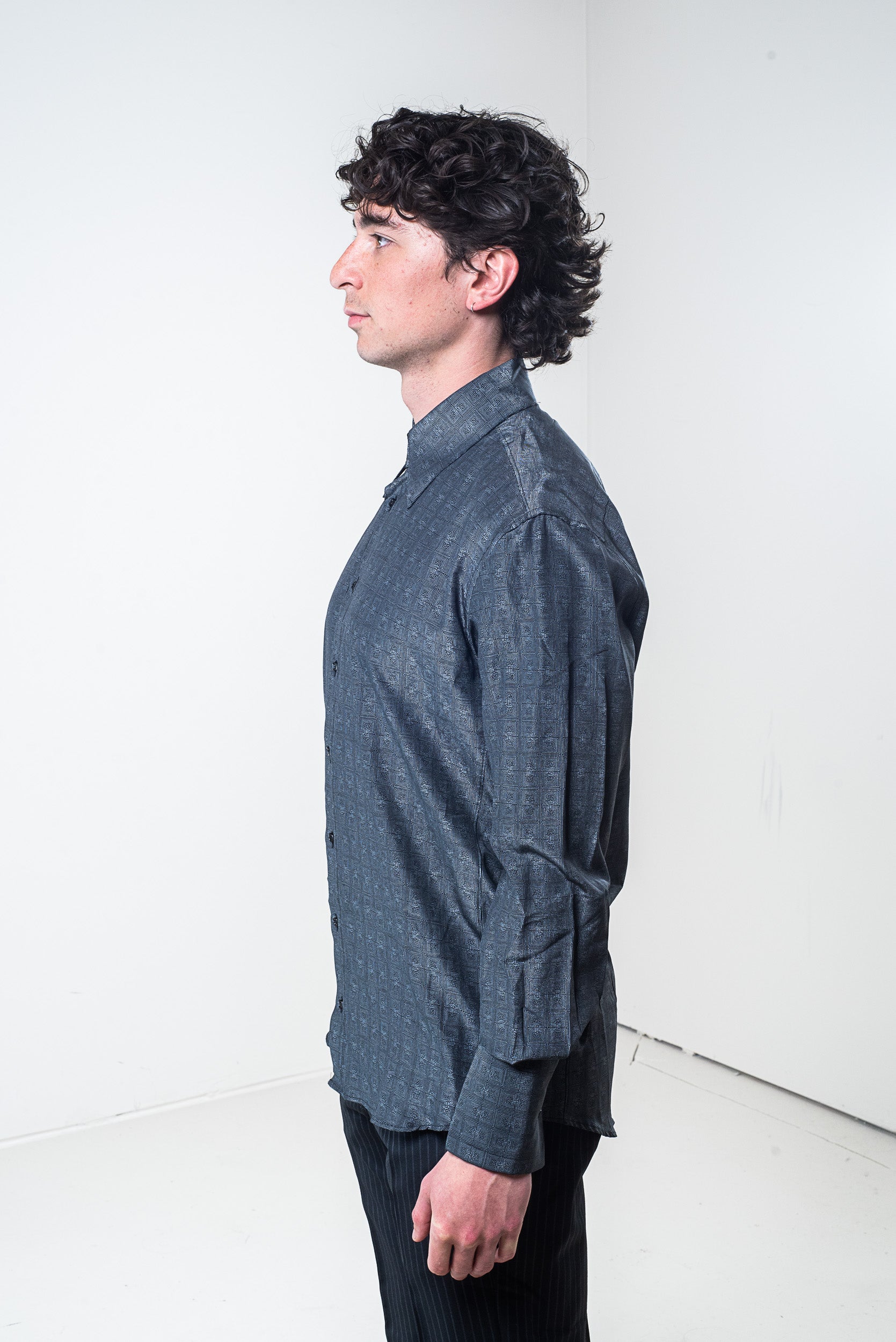 Side view of Roberto Cavalli men’s grey silk geometrical patterned button-down shirt
