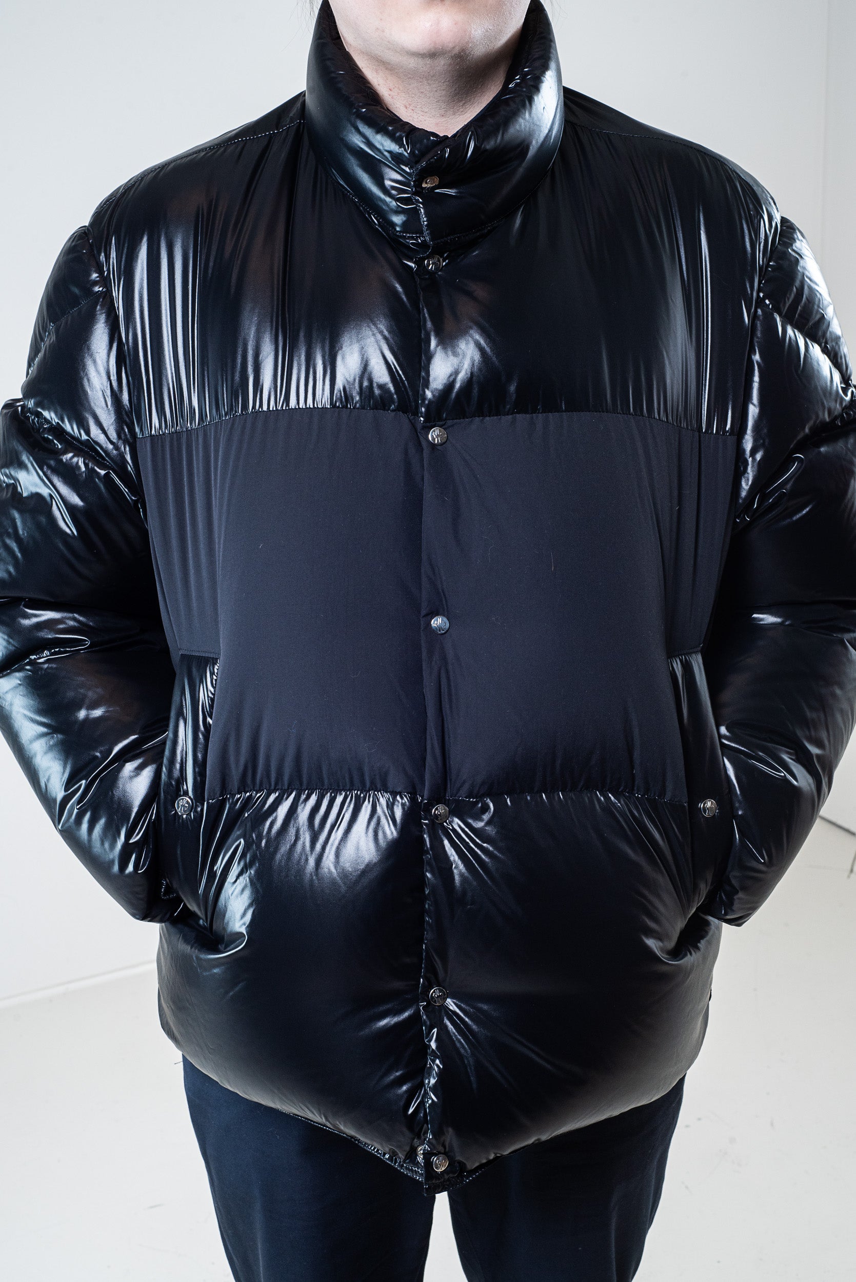 Front view of Moncler Black Down 'Aynard' Shiny Puffer Jacket