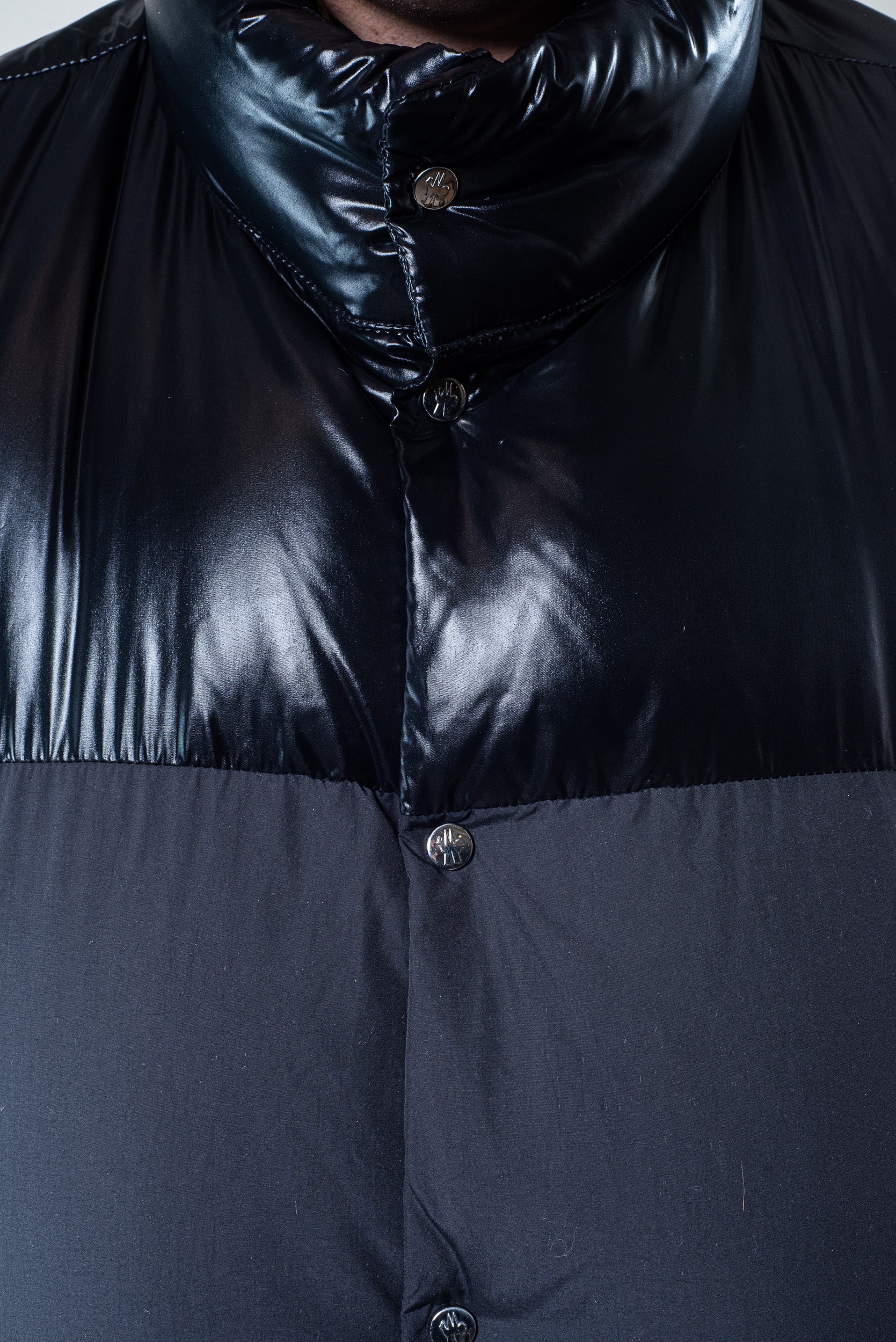 Close-up view of Moncler Black Down 'Aynard' Shiny Puffer Jacket