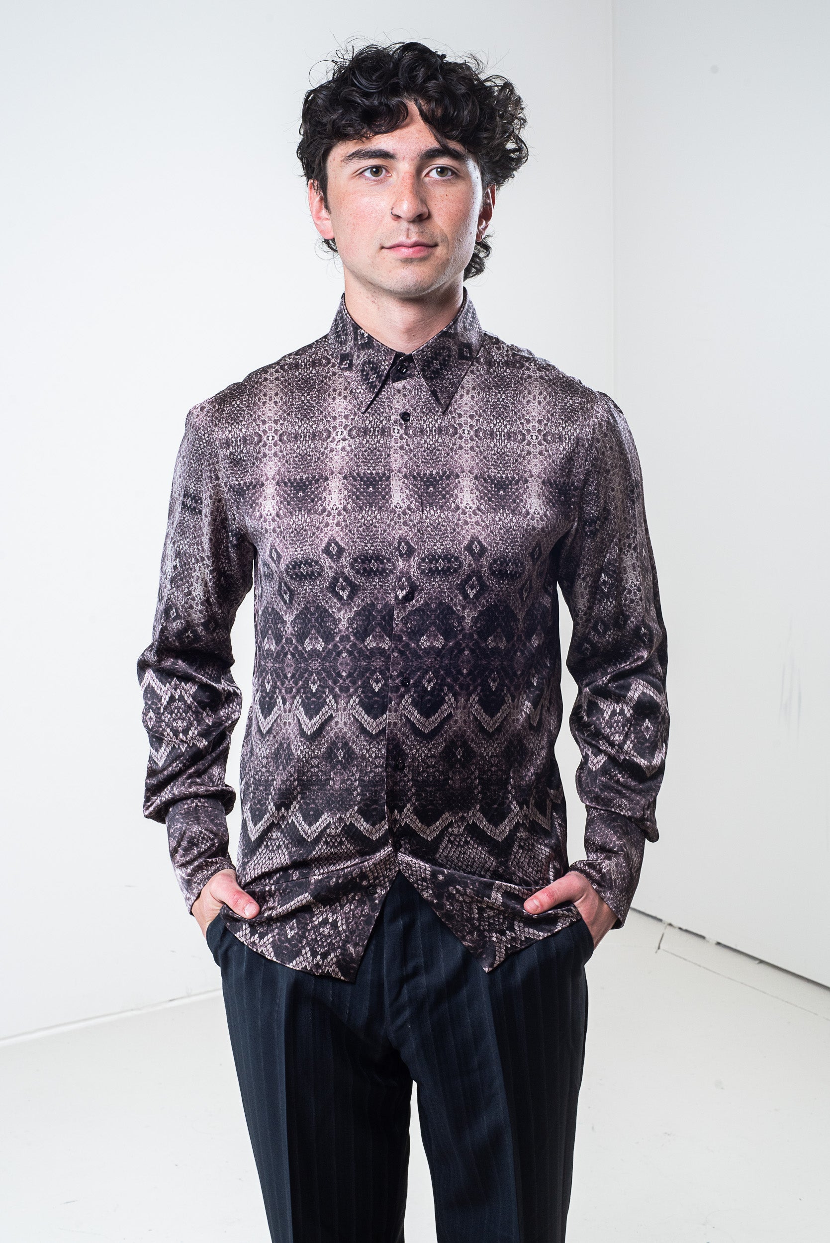 Front view of Roberto Cavalli Men’s Purple Silk Snakeskin Print Shirt