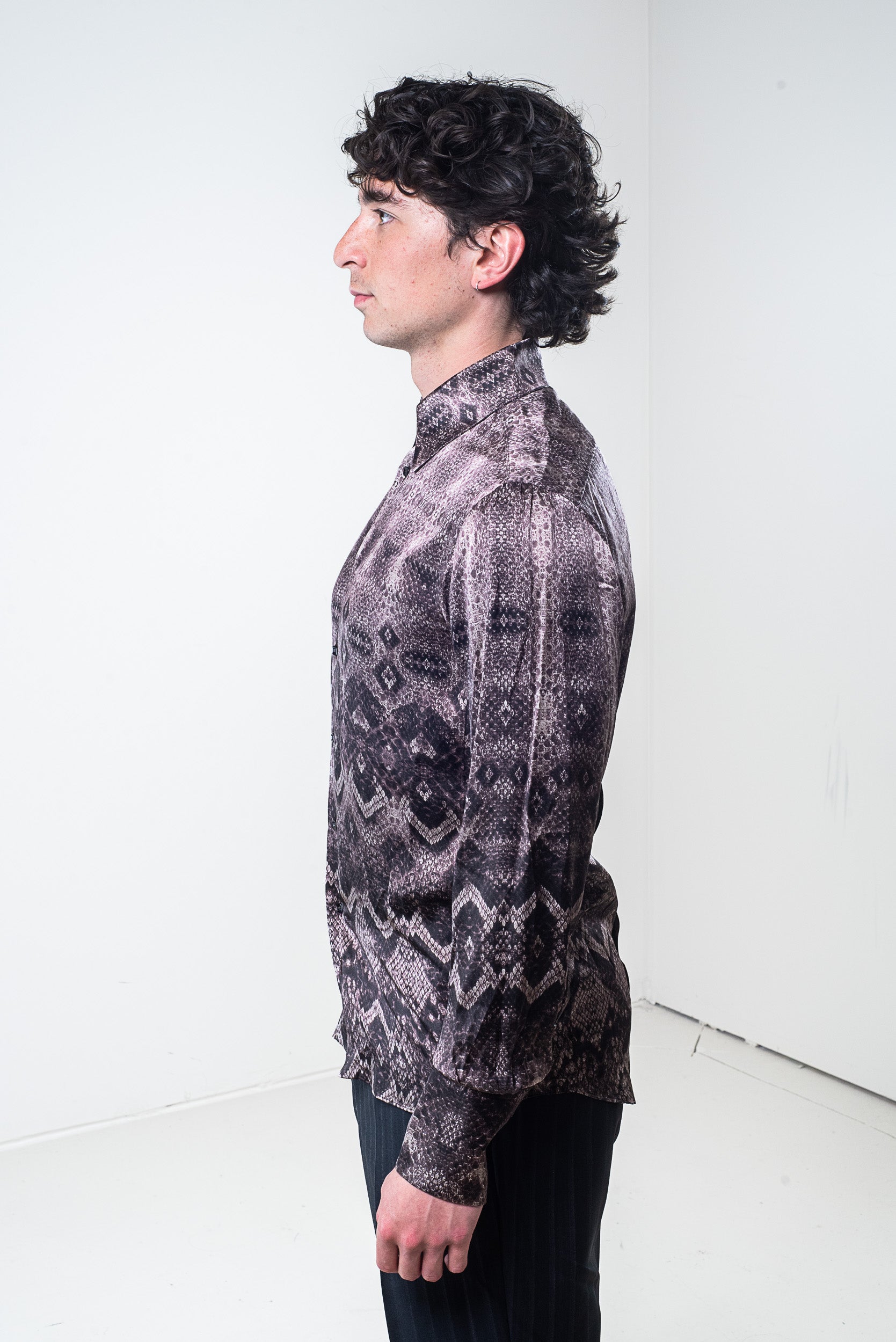 Side view of Roberto Cavalli Men’s Purple Silk Snakeskin Print Shirt