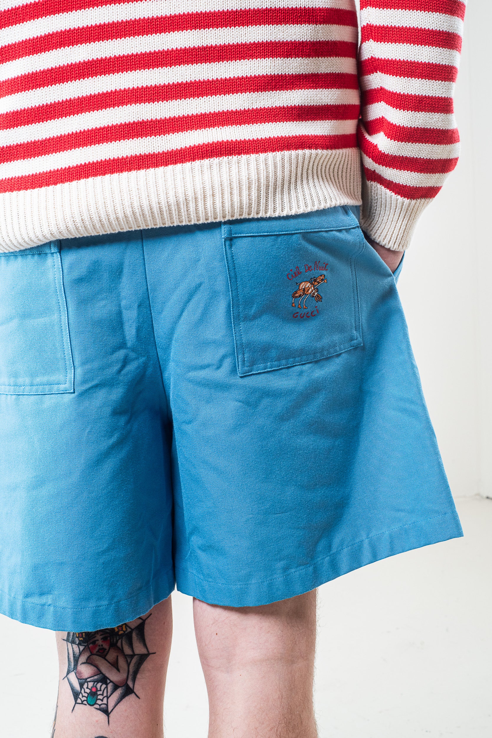 Blue Embroidered Cotton Shorts