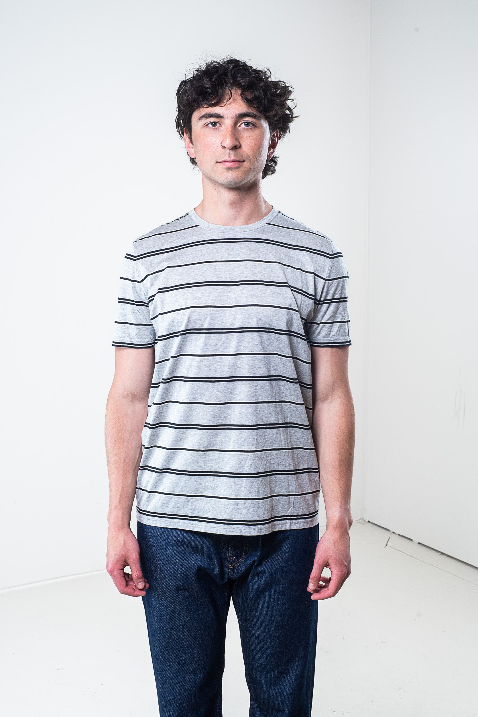 Front view of Saint Laurent Grey and Black Striped Cotton T-Shirt