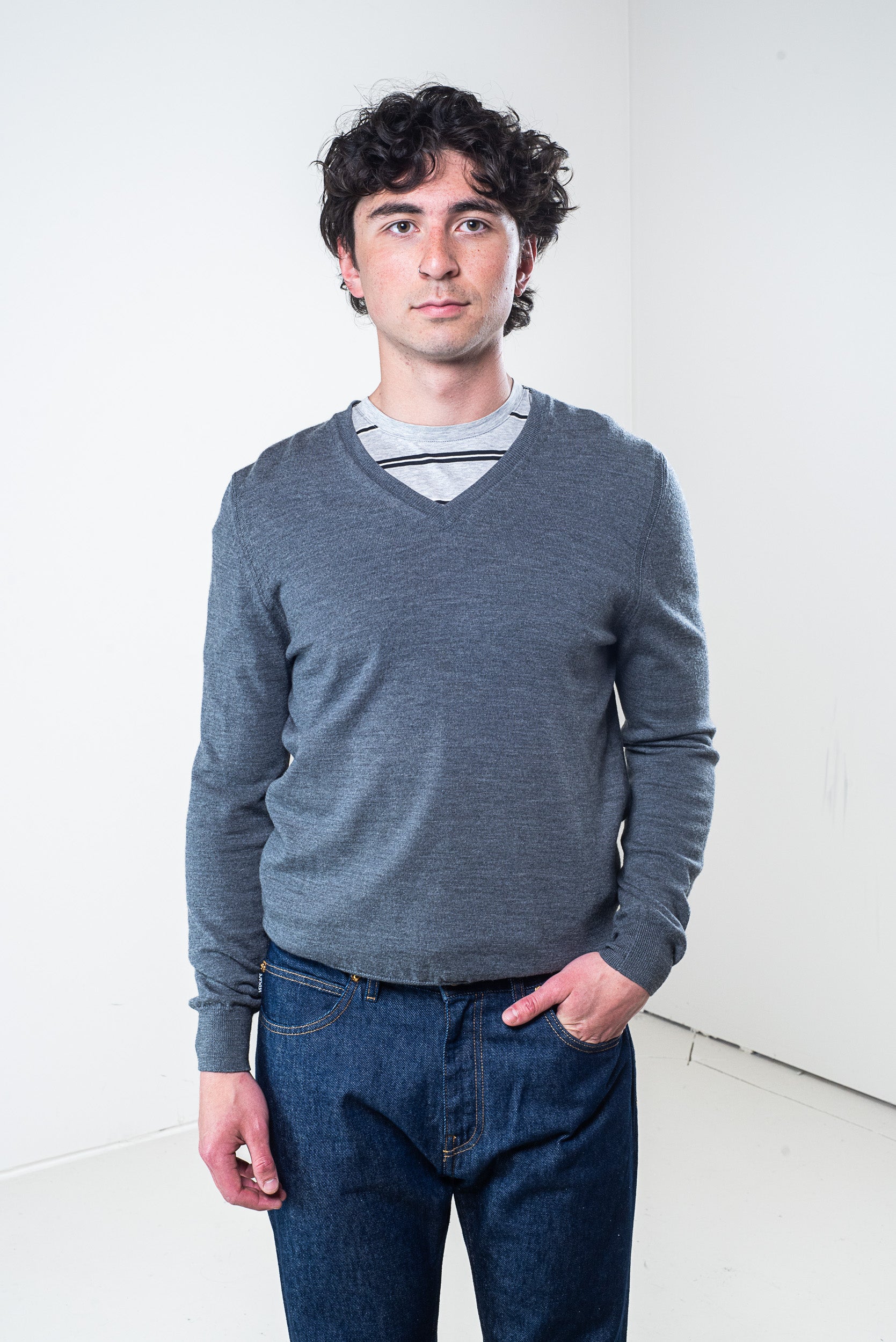 Front view of Burberry Brit grey V-neck wool sweater