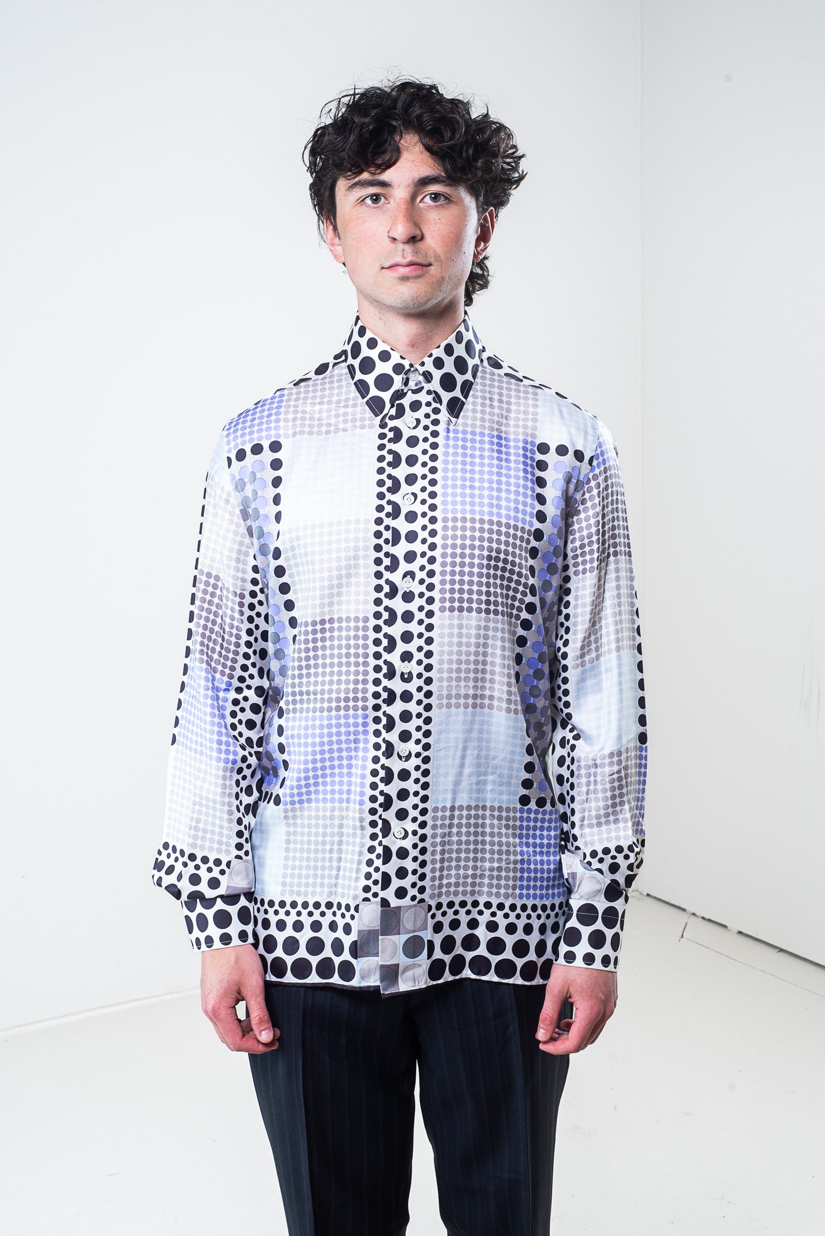 Front view of Versace colourful polkadot silk button-down shirt