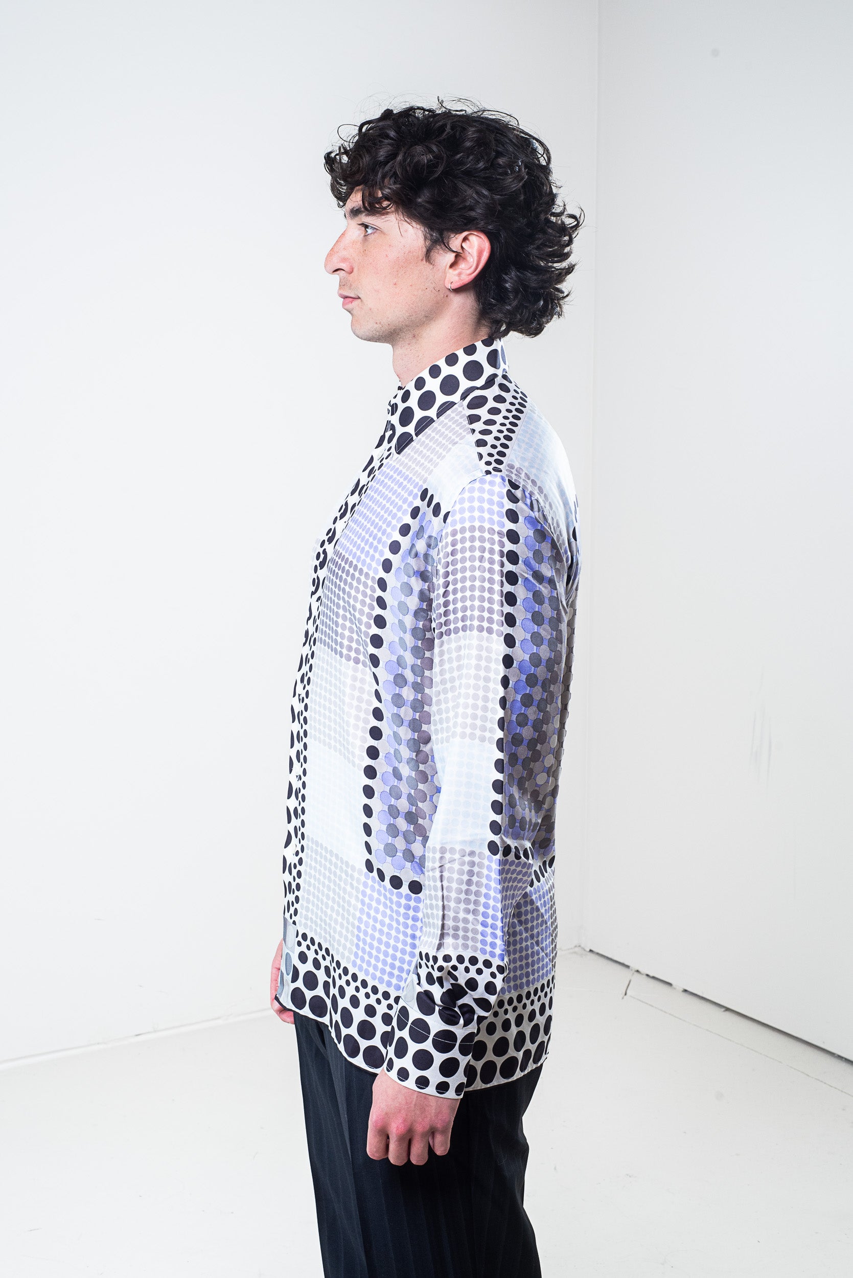 Side view of Versace multicolour polkadot silk button-down shirt