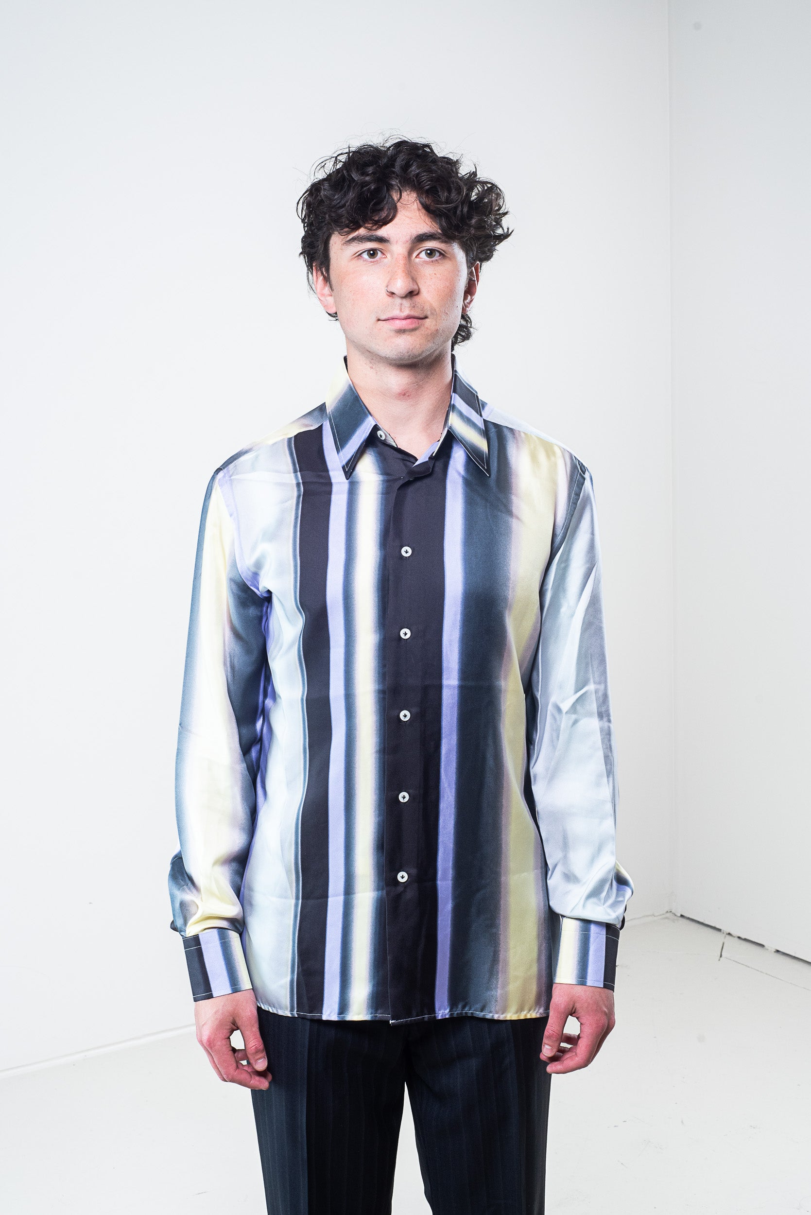 Front view of Versace Men’s Multicolour Stripe Silk Shirt in Size L