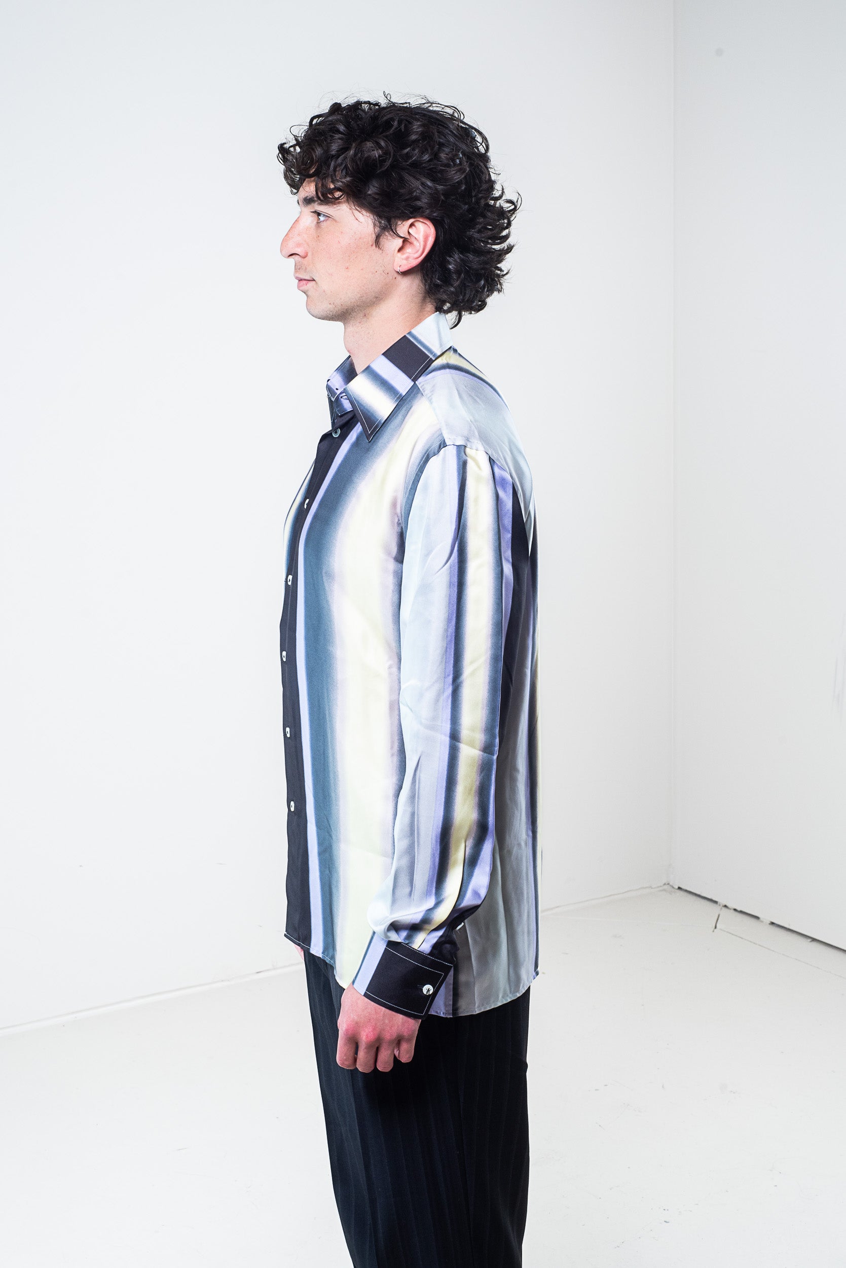 Side view of Versace Men’s Multicolour Stripe Silk Button-Down Shirt