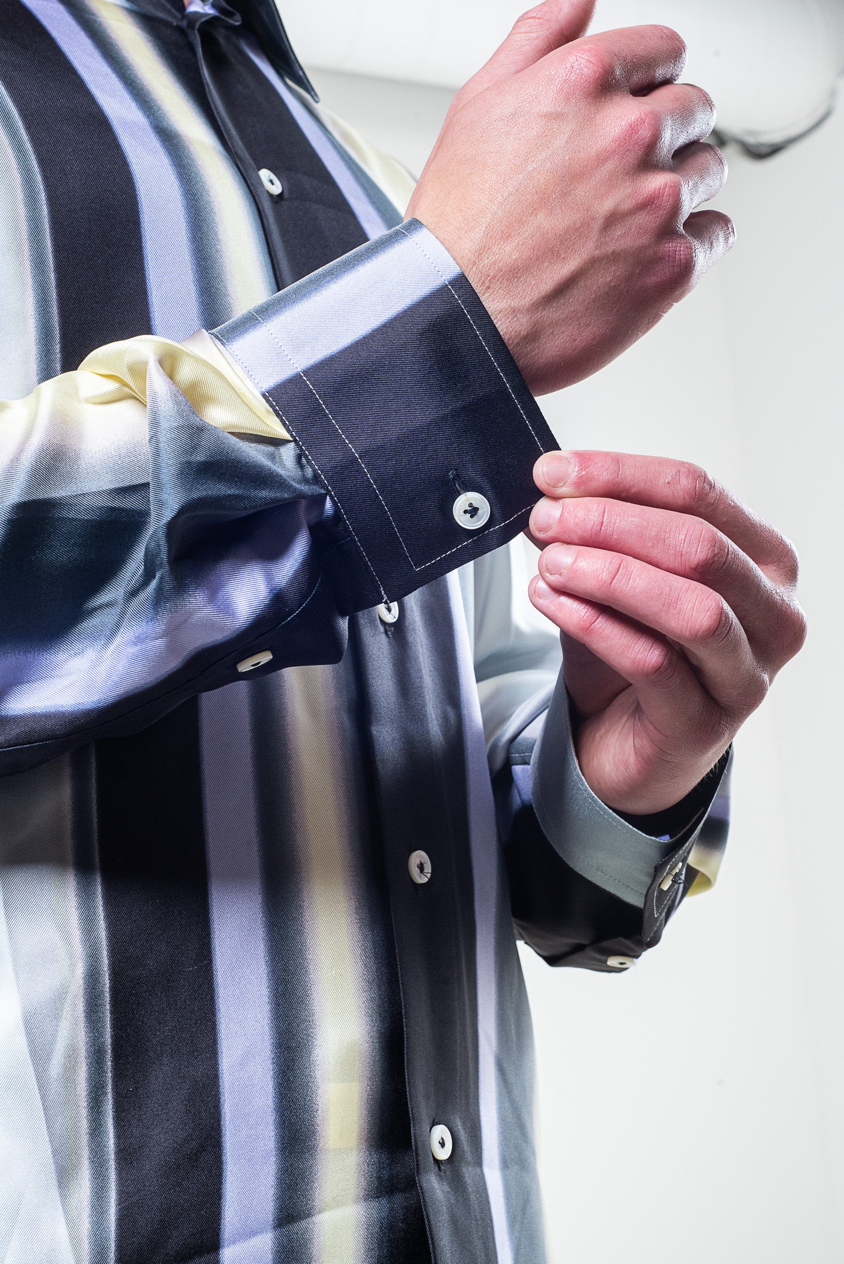 Close-up of cuff detail on Versace Men’s Multicolour Stripe Silk Shirt
