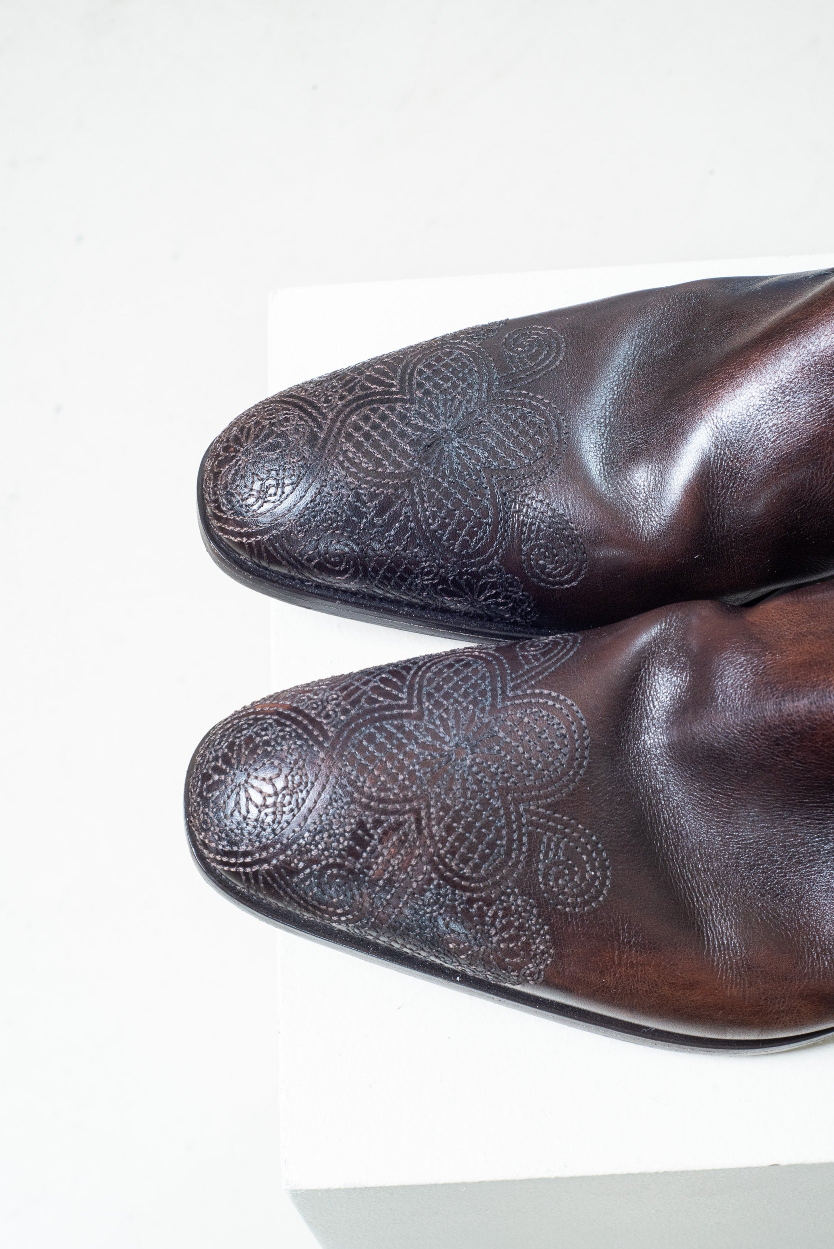 Close-up of the toe area on Prada Brown Leather Ankle Boots