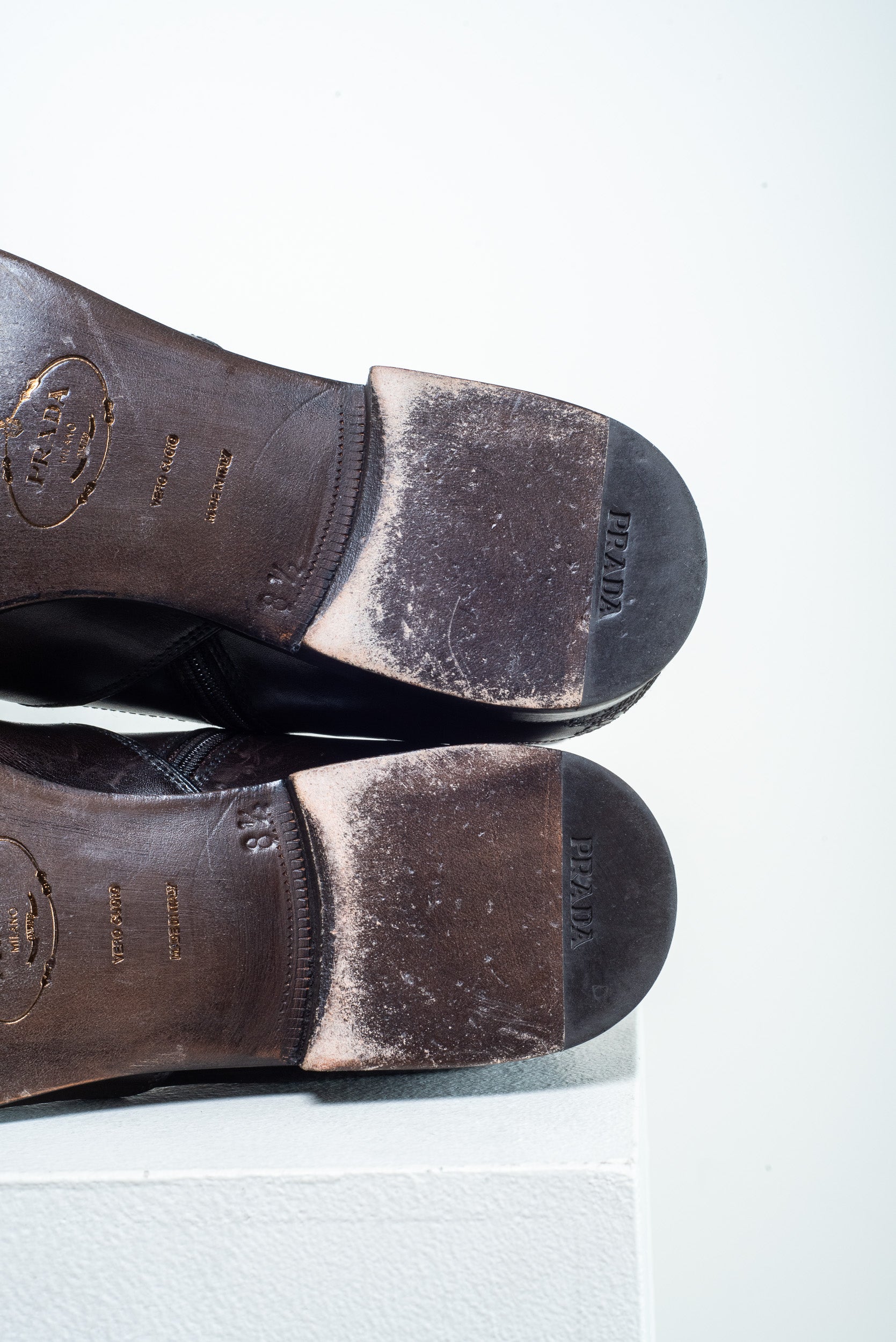 Close-up view of Prada Brown Leather Ankle Boots heel