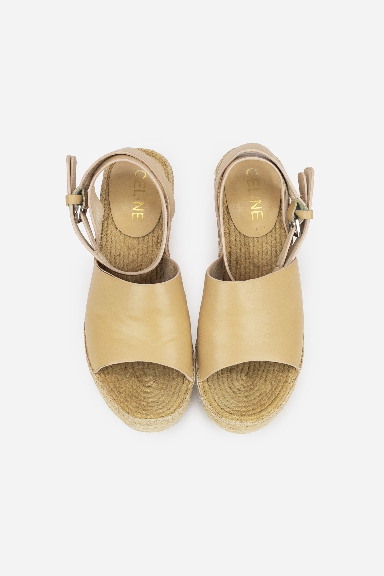 Beige Leather and Raffia Wedge Sandals