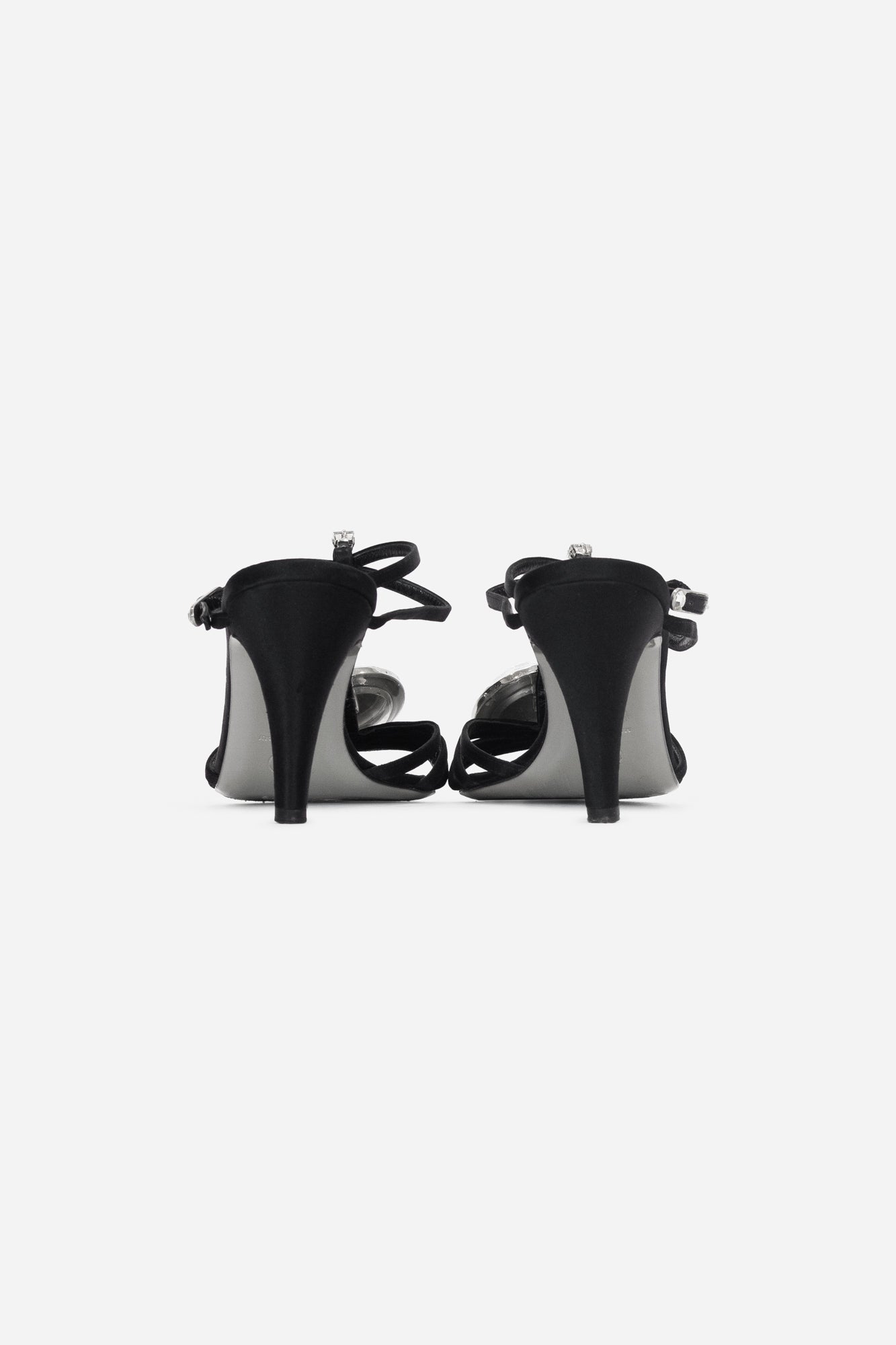 Black Satin T-Strap Crystal Embellished Sandals