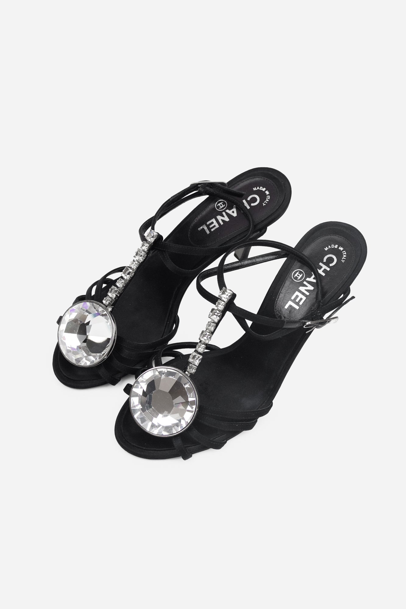 Black Satin T-Strap Crystal Embellished Sandals