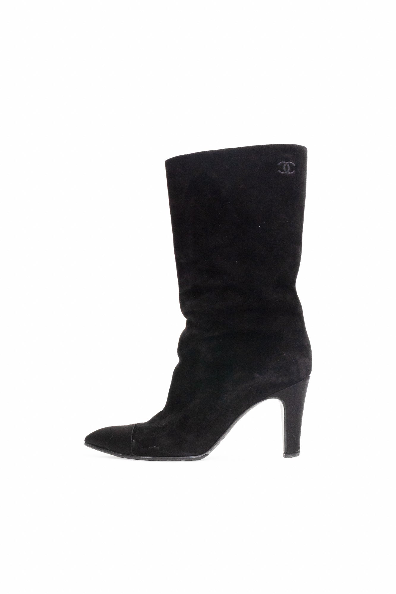 Black Suede Pull On Calf Boots W/ Silk Cap Toe