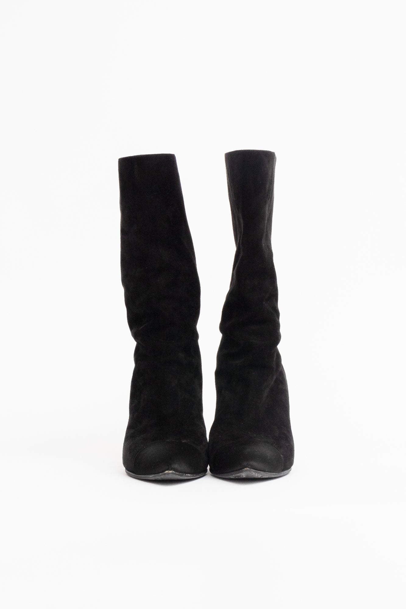 Black Suede Pull On Calf Boots W/ Silk Cap Toe