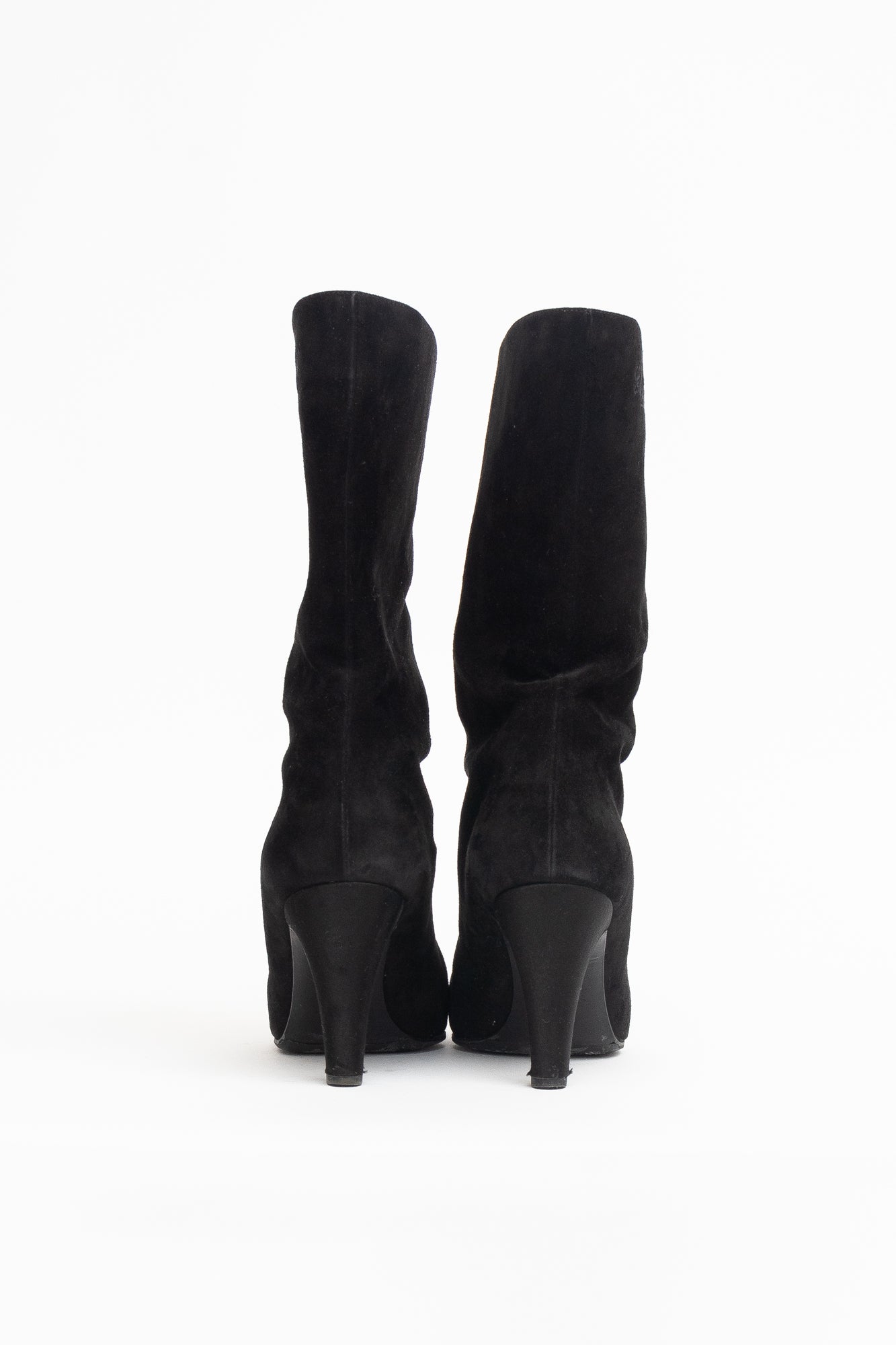 Black Suede Pull On Calf Boots W/ Silk Cap Toe