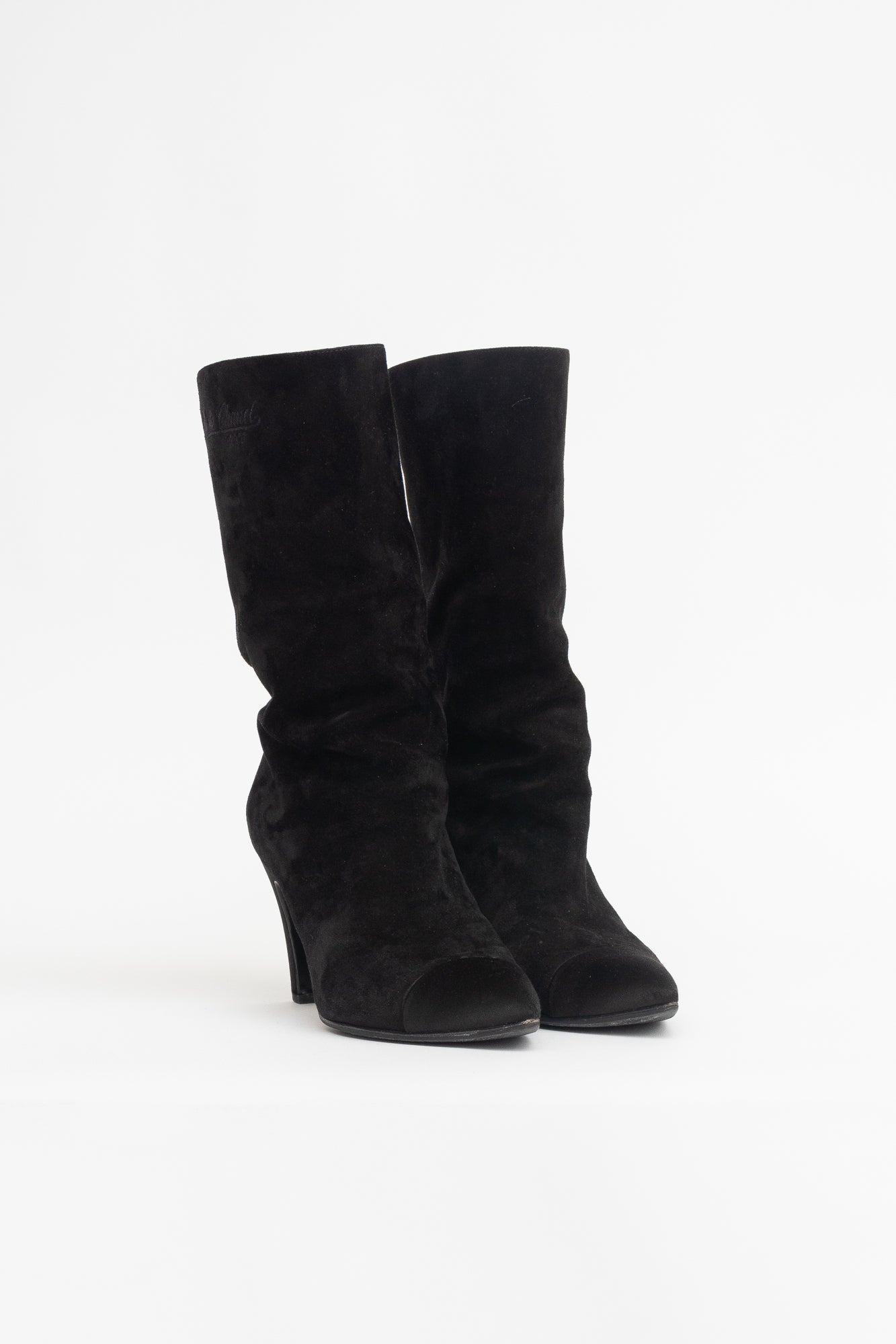 Black Suede Pull On Calf Boots W/ Silk Cap Toe