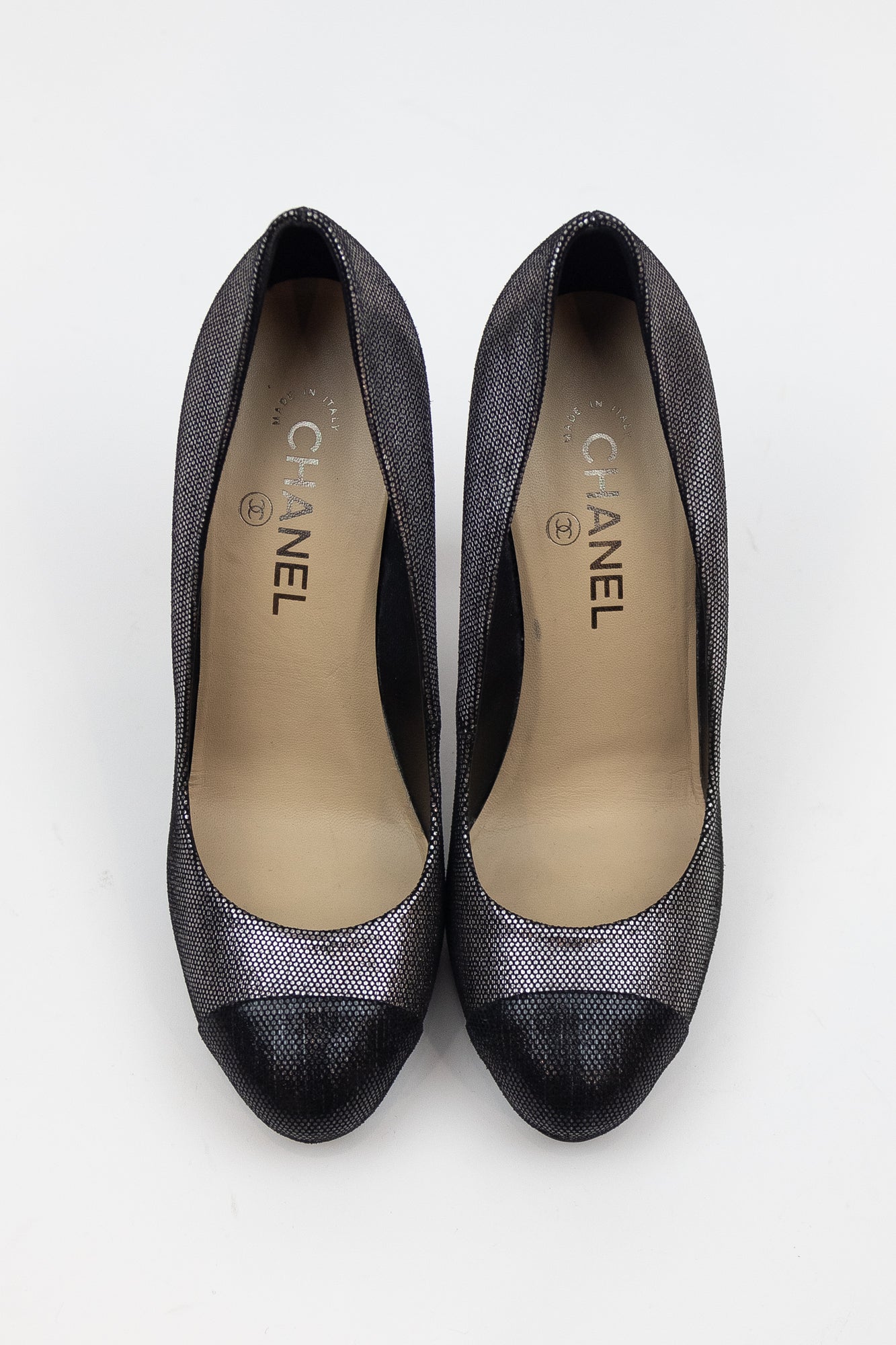 Navy And Silver Shiny Cap Toe Pump