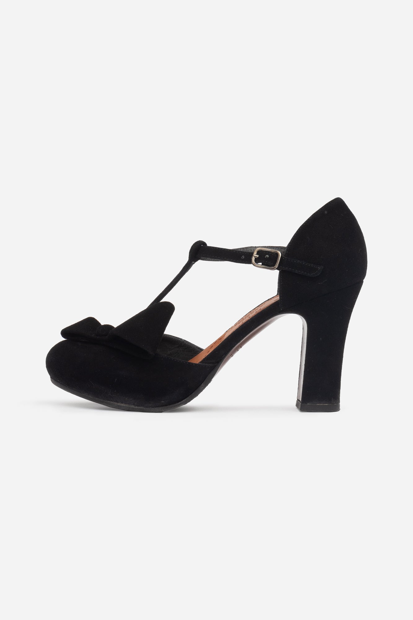 Black Suede "T" Strap Pump