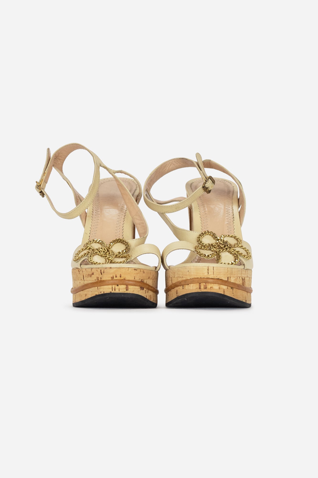 Nude Leather Cork Wedge Sandals with Chain Embellished Floral Detail
