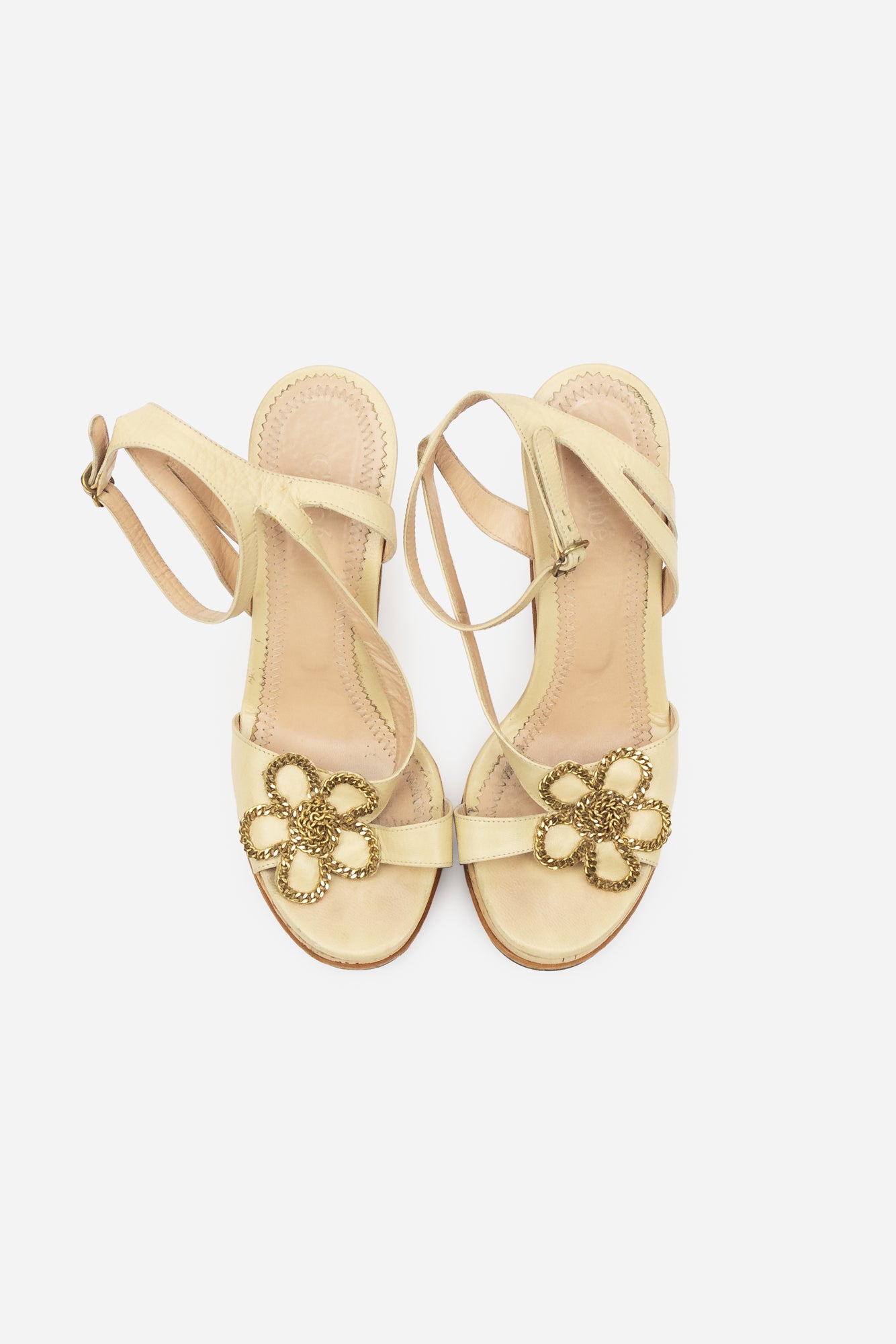 Nude Leather Cork Wedge Sandals with Chain Embellished Floral Detail