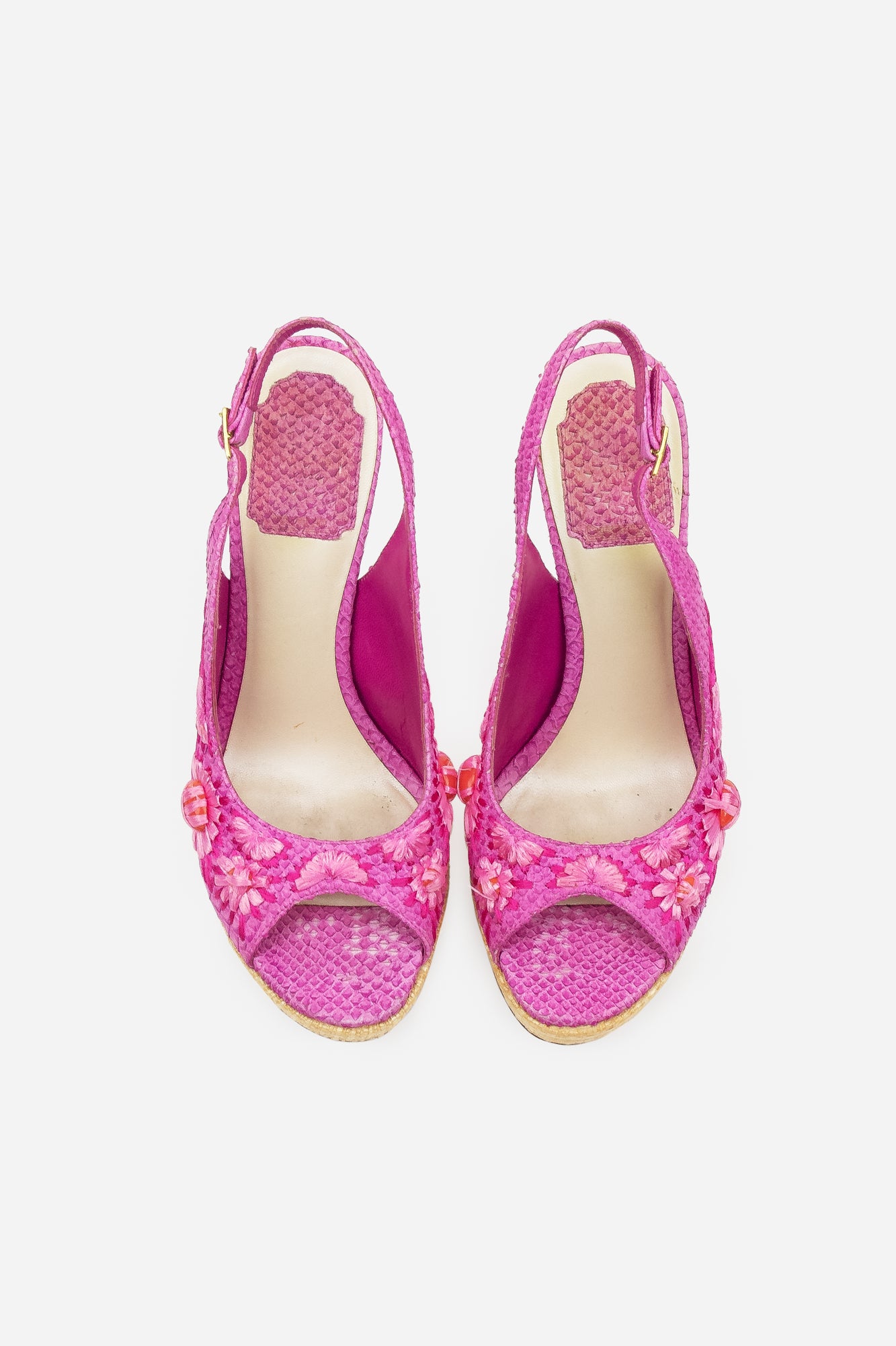 Pink Python Embossed Leather and Raffia Embellished Platform Sandals