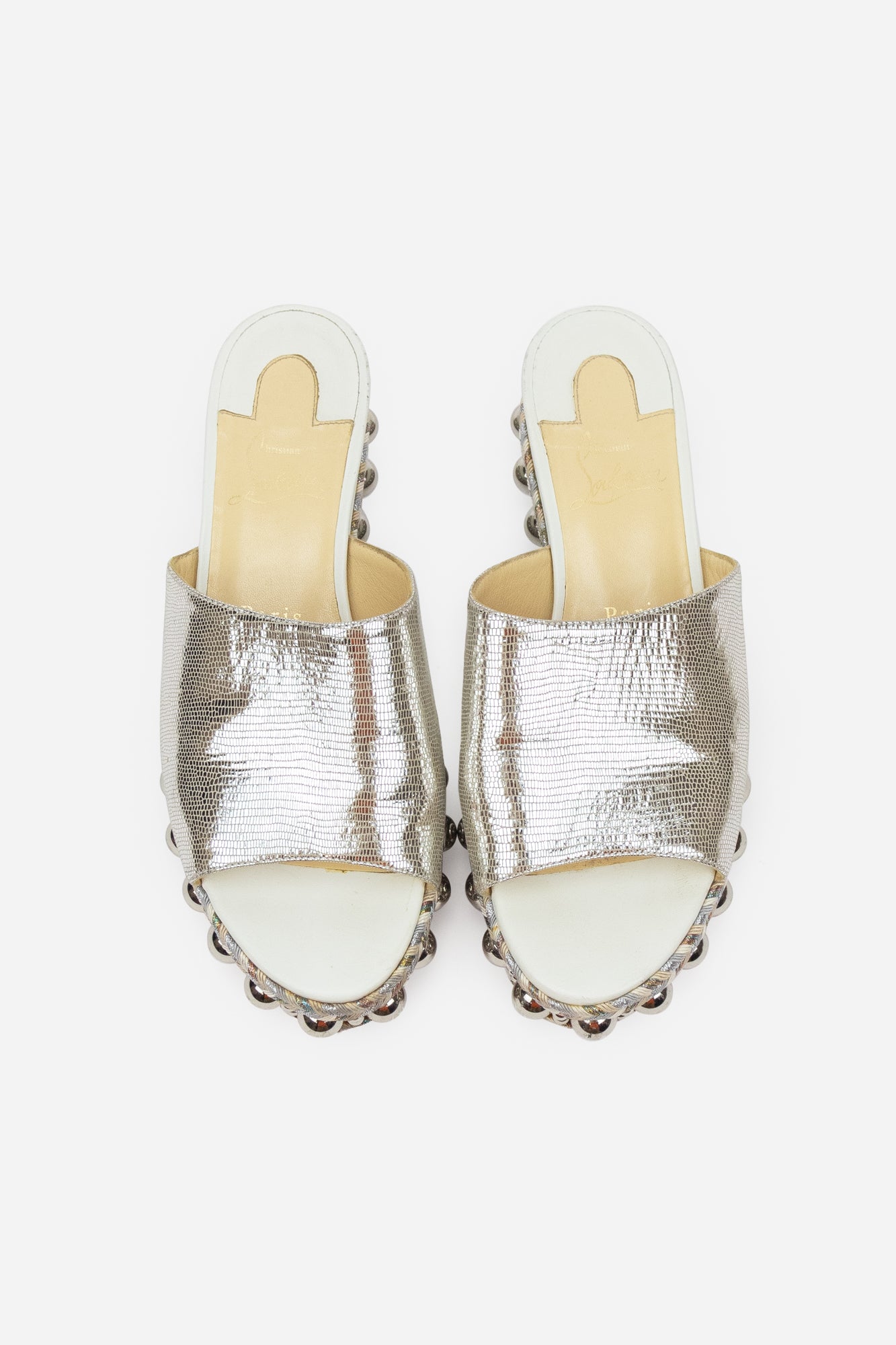 Silver and White Patent Leather Janibasse 60mm Mule Wedge Sandals