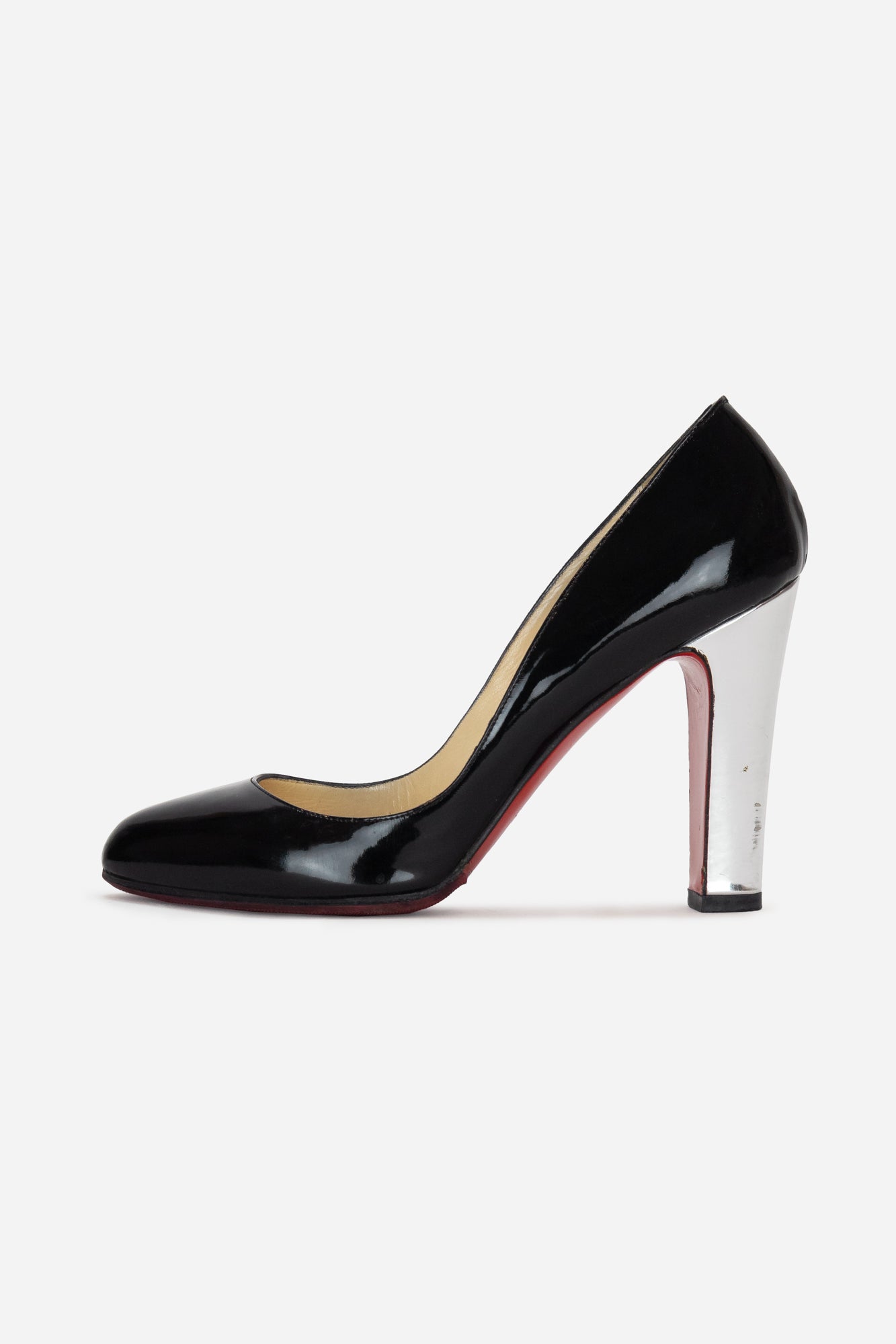 Black Patent Pumps with Silver Heel