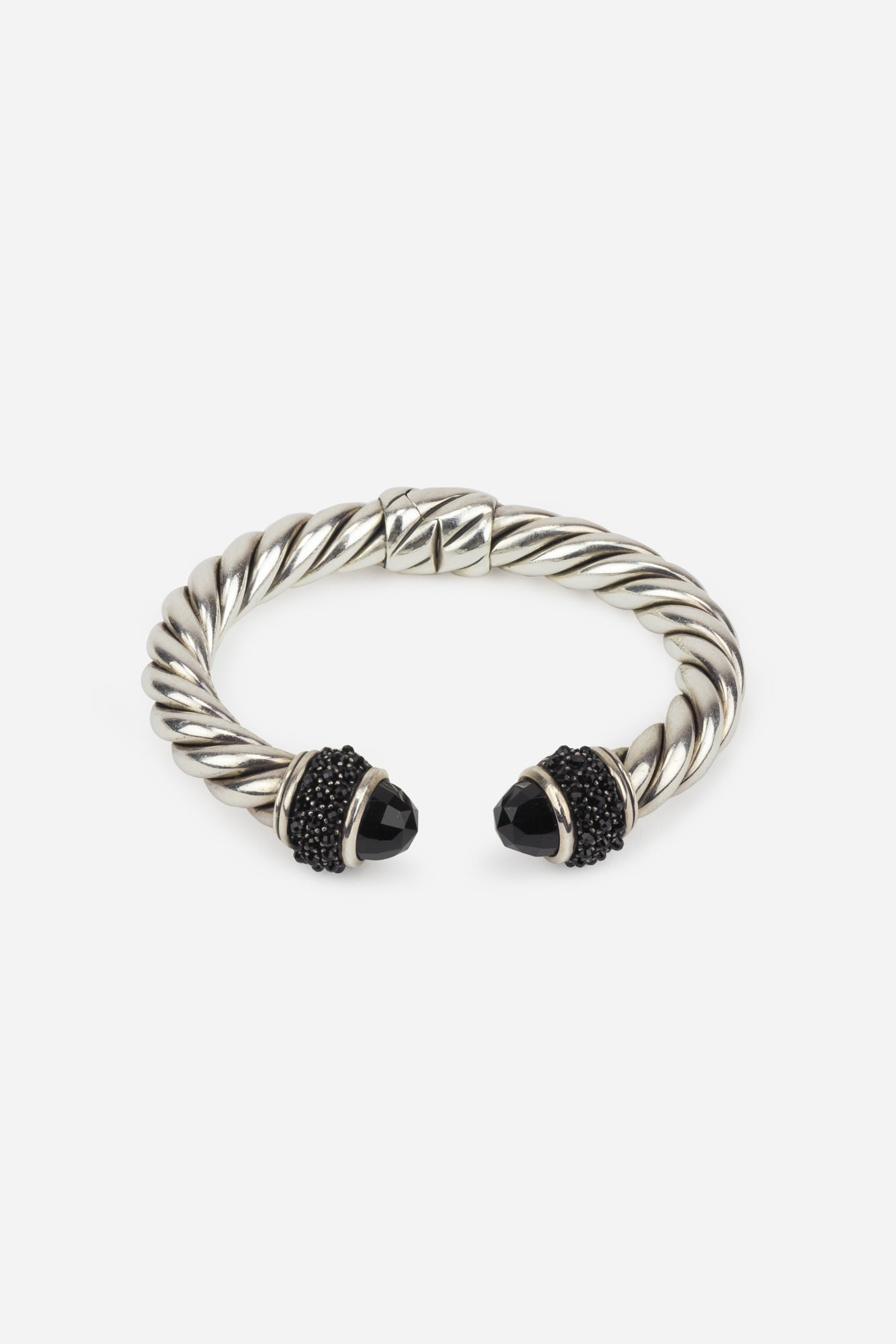 Silver, Onyx and Black Diamonds Cable Cuff Bracelet
