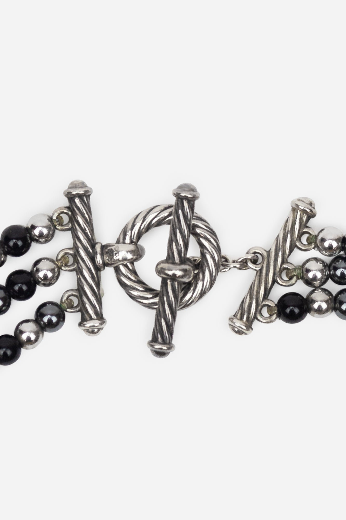 Silver, Onyx and Hematite Three Row Multi Strand Elements Toggle Necklace