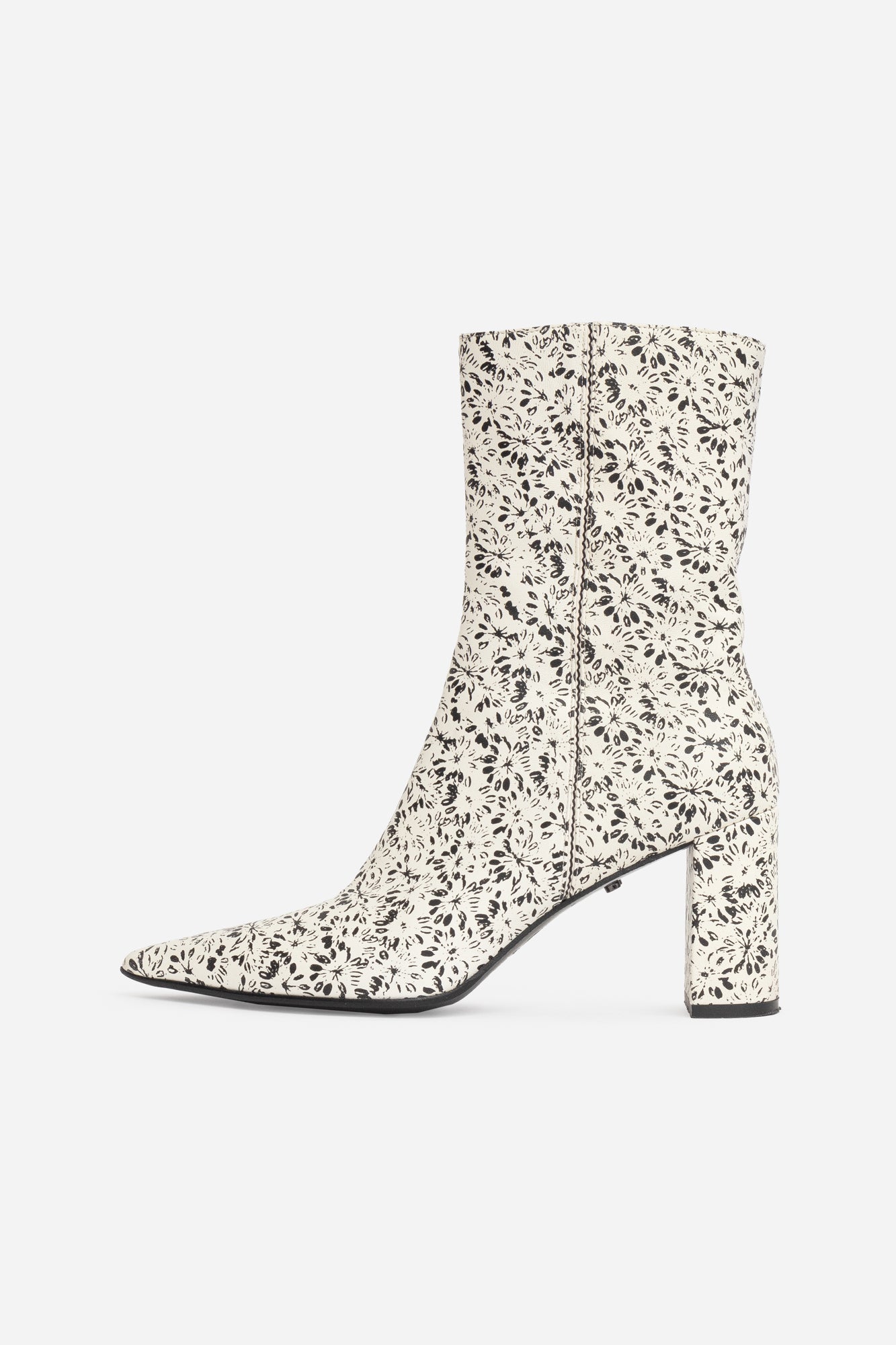 White Leather Block Heel Flower Print Stamped Boots